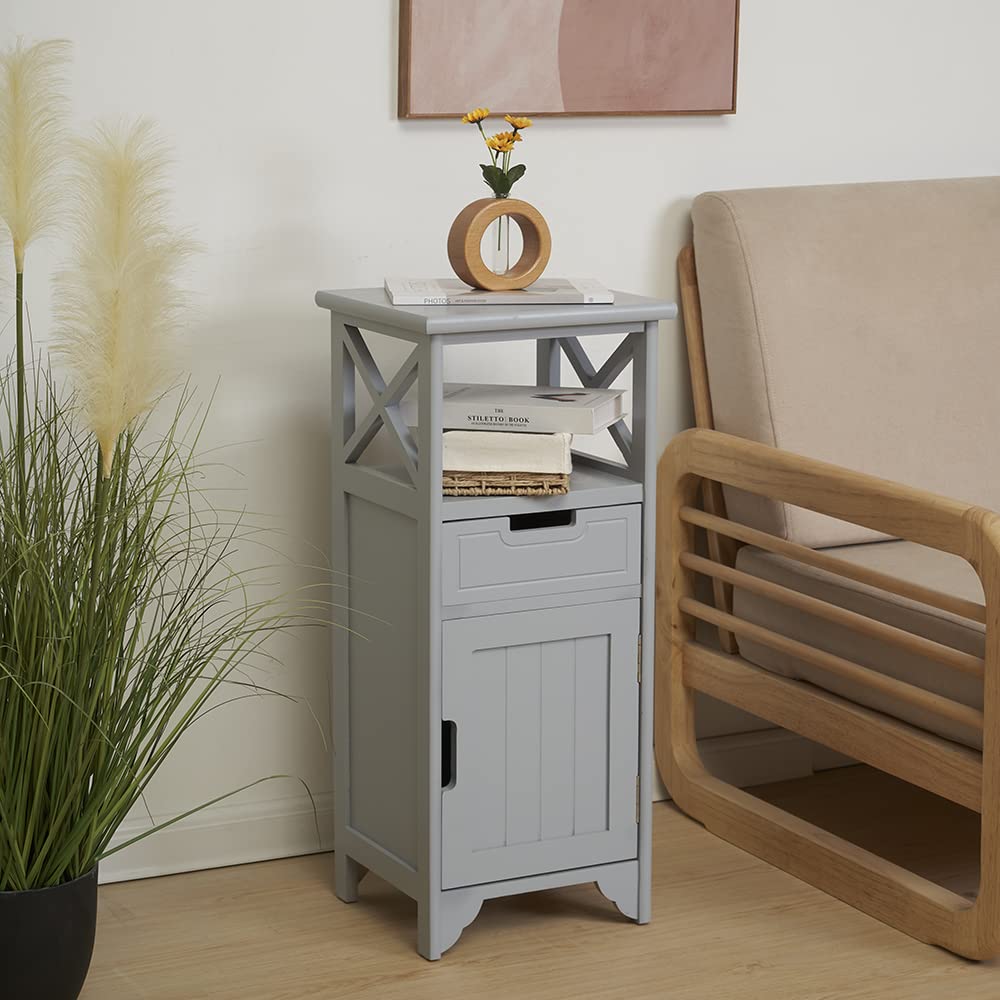 Tall Nightstand with Shelf & Drawer - Fully Assembled Narrow End Table with Door for Bedroom, Bathroom, Entryway - Gray - Perfect for Small Spaces & Storage Solutions