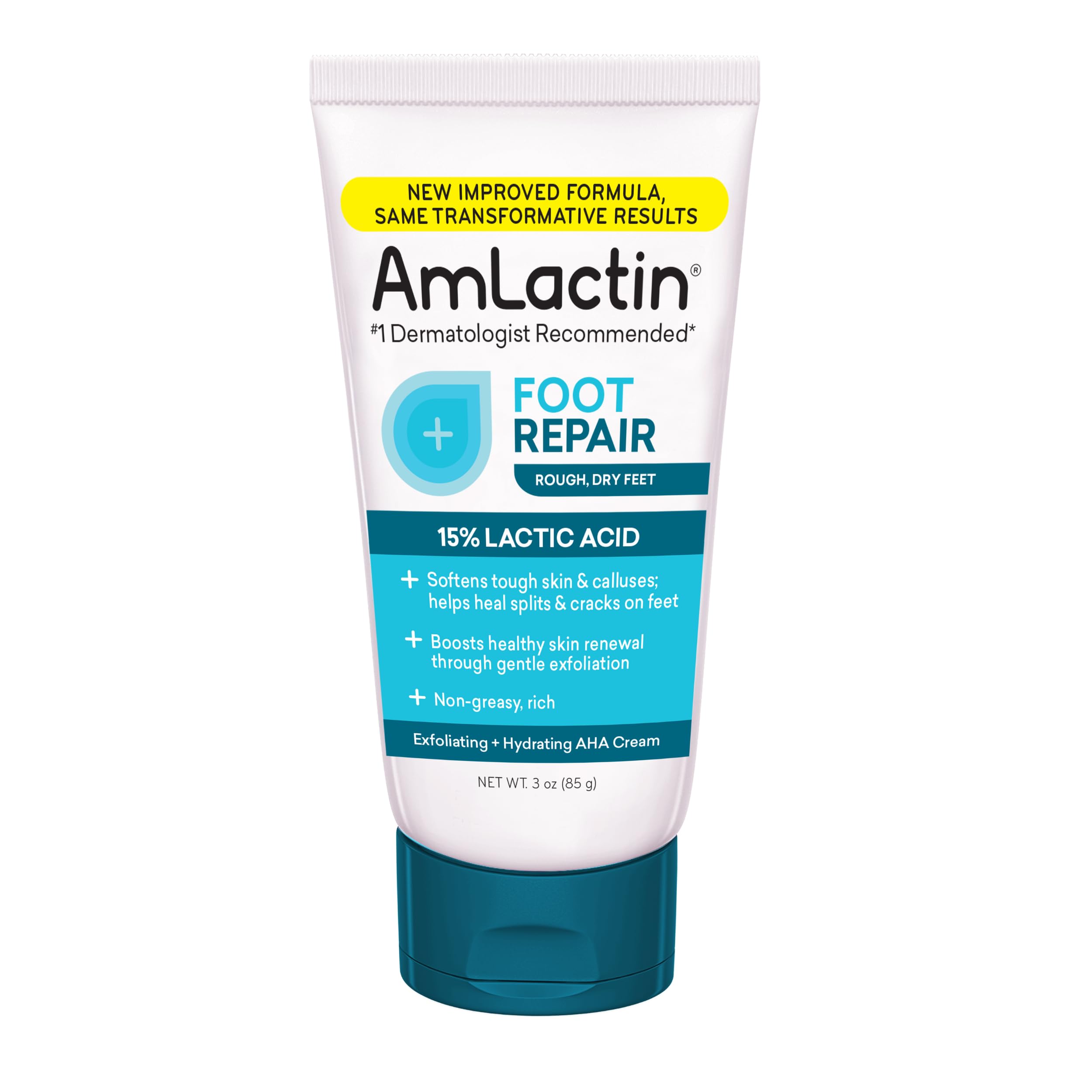 AmLactin Foot Repair Cream - 3 oz Exfoliating & Moisturizing Cream for Dry Cracked Heels - 15% Lactic Acid Treatment for Calluses & Rough Skin - Perfect for Pedicures & Daily Foot Care (Packaging May Vary)