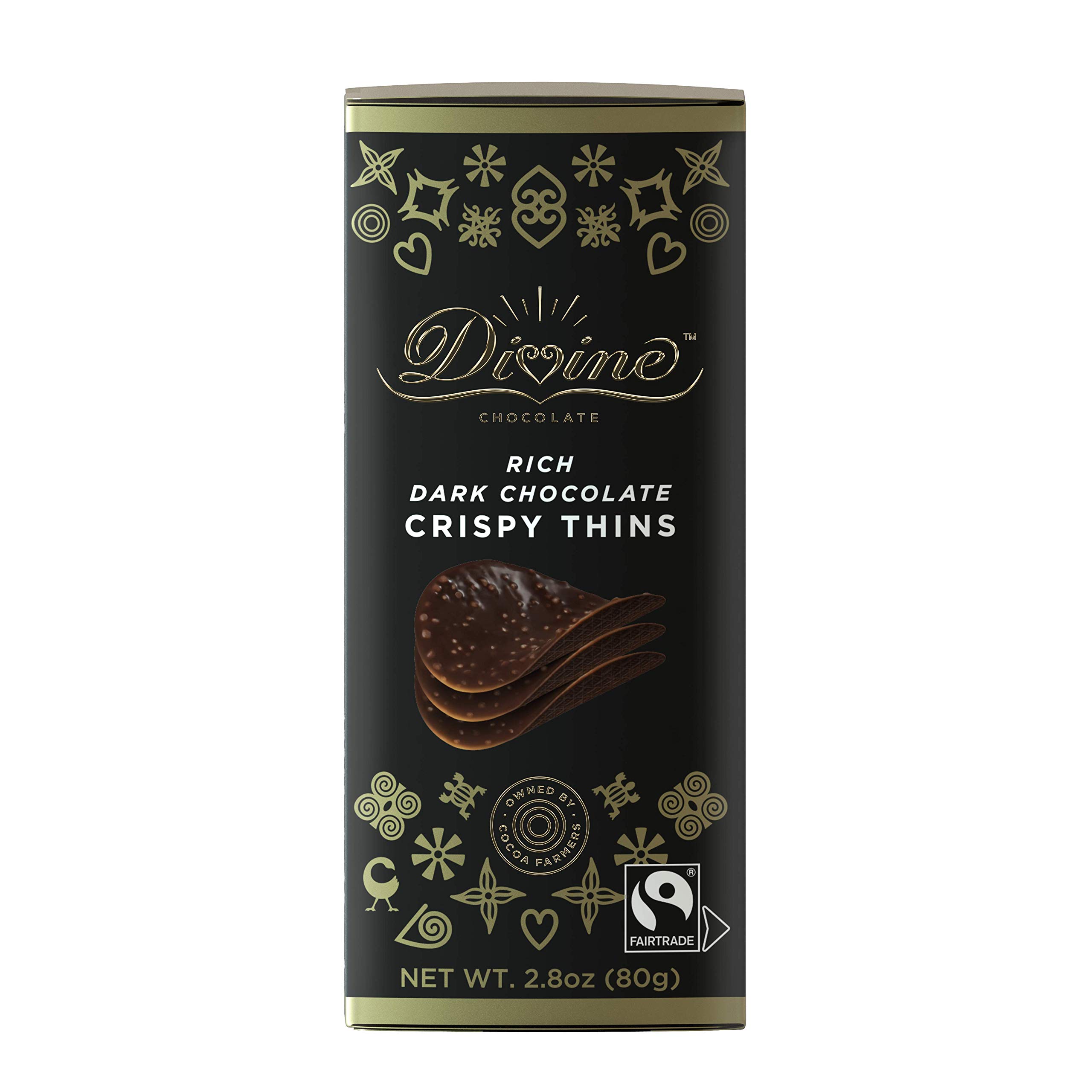 Divine Chocolate - Premium Fair Trade Dark Chocolate Crispy Thins, 2.8oz (Pack of 12) - Gourmet Snacks for Gifting, Parties & Dessert Platters
