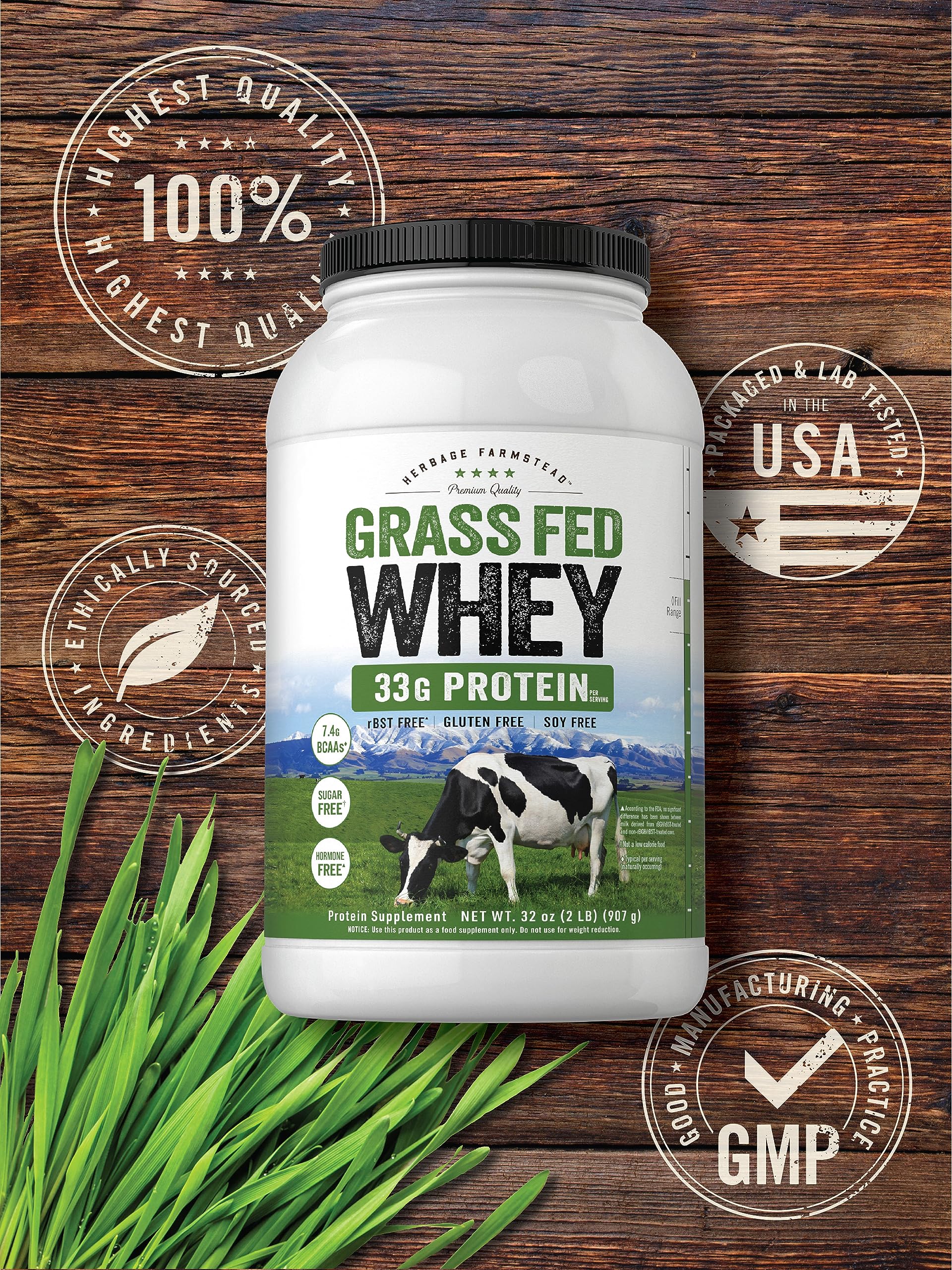 Carlyle Grass Fed Whey Protein Powder - 2lb Unflavored Protein Supplement | 33g Protein Per Serving | Sugar Free, Hormone Free, Non-GMO, Gluten Free | by Herbage Farmstead | Ideal for Post-Workout Recovery, Muscle Building & Healthy Lifestyle