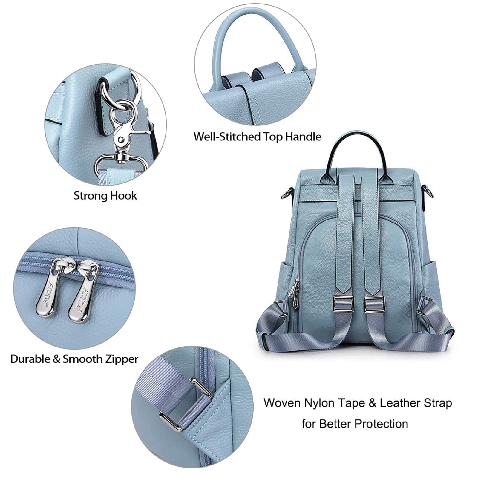 S-ZONE Women's Anti-Theft Leather Backpack Purse - Soft Rucksack Shoulder Bag for Travel, Work & School - Medium Size