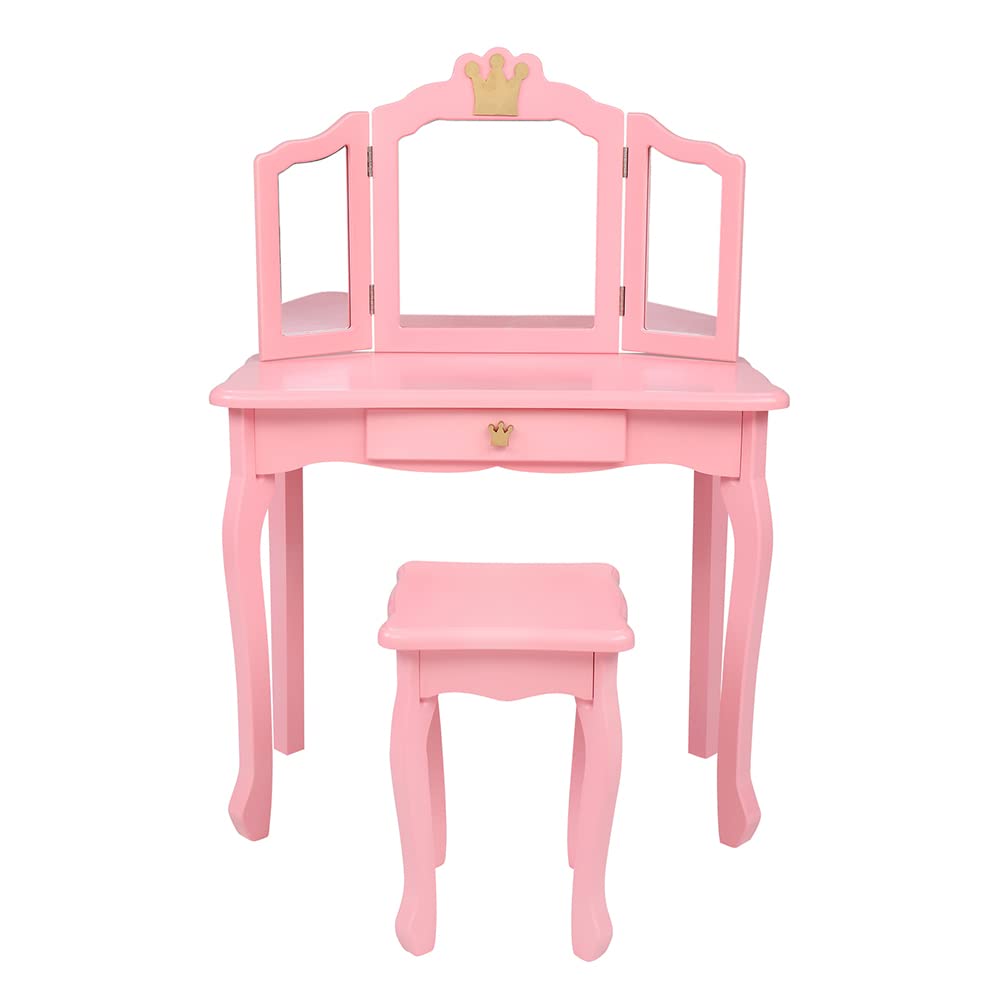 TROOPVILLE Girls Vanity Set with Stool - Pink Crown Print Dressing Table, 3-Fold Mirror & Single Drawer for Kids Bedroom Decor | Perfect for Makeup, Dress-Up & Pretend Play