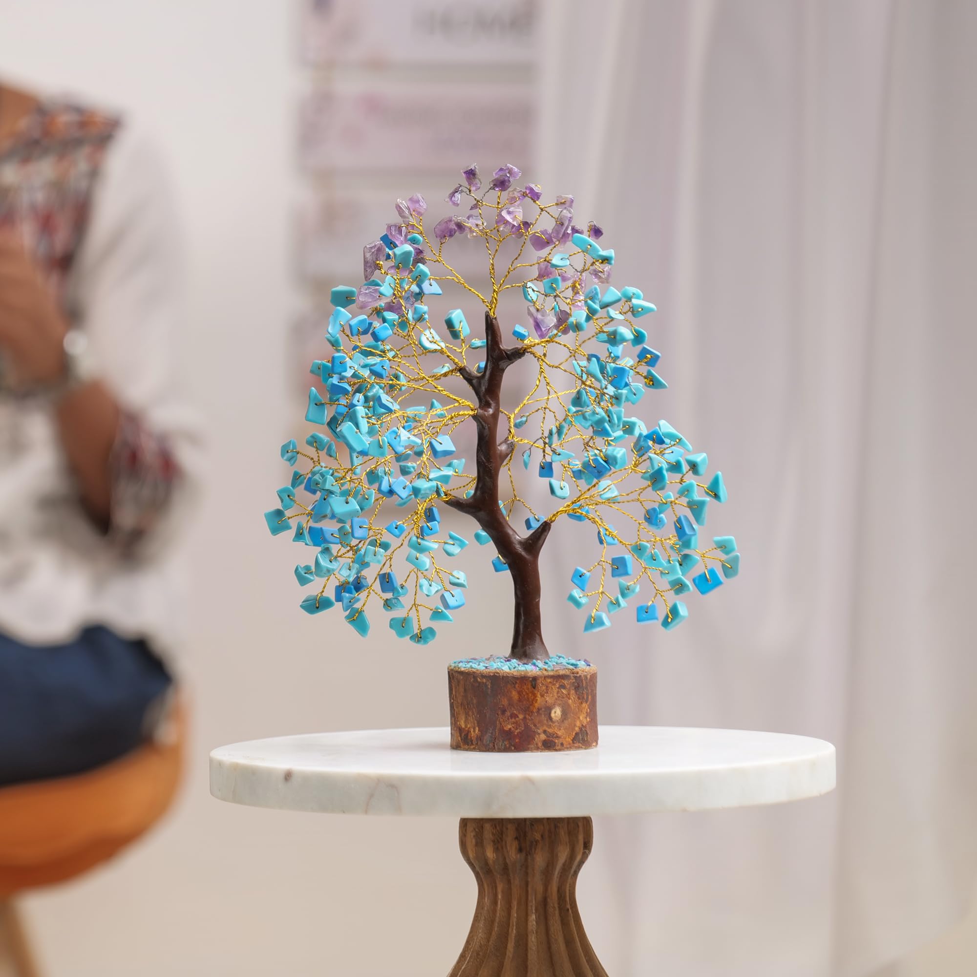 Turquoise & Amethyst Healing Crystal Tree with 2 Chakra Pendants - 10-12