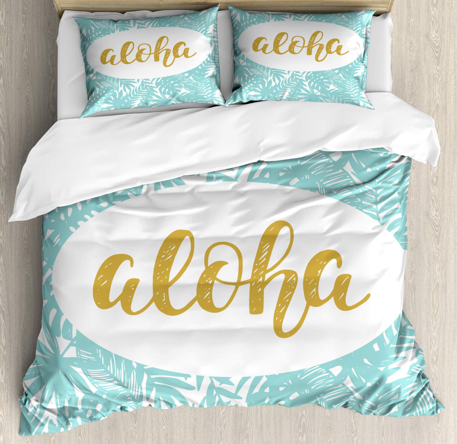 Ambesonne Hawaiian Aloha Duvet Cover Set - King Size 3 Piece Bedding with Palm Tree Leaves Design & 2 Pillow Shams, Seafoam Yellow - Tropical Beach Vacation Theme for Master Bedroom, Guest Room & Coastal Decor