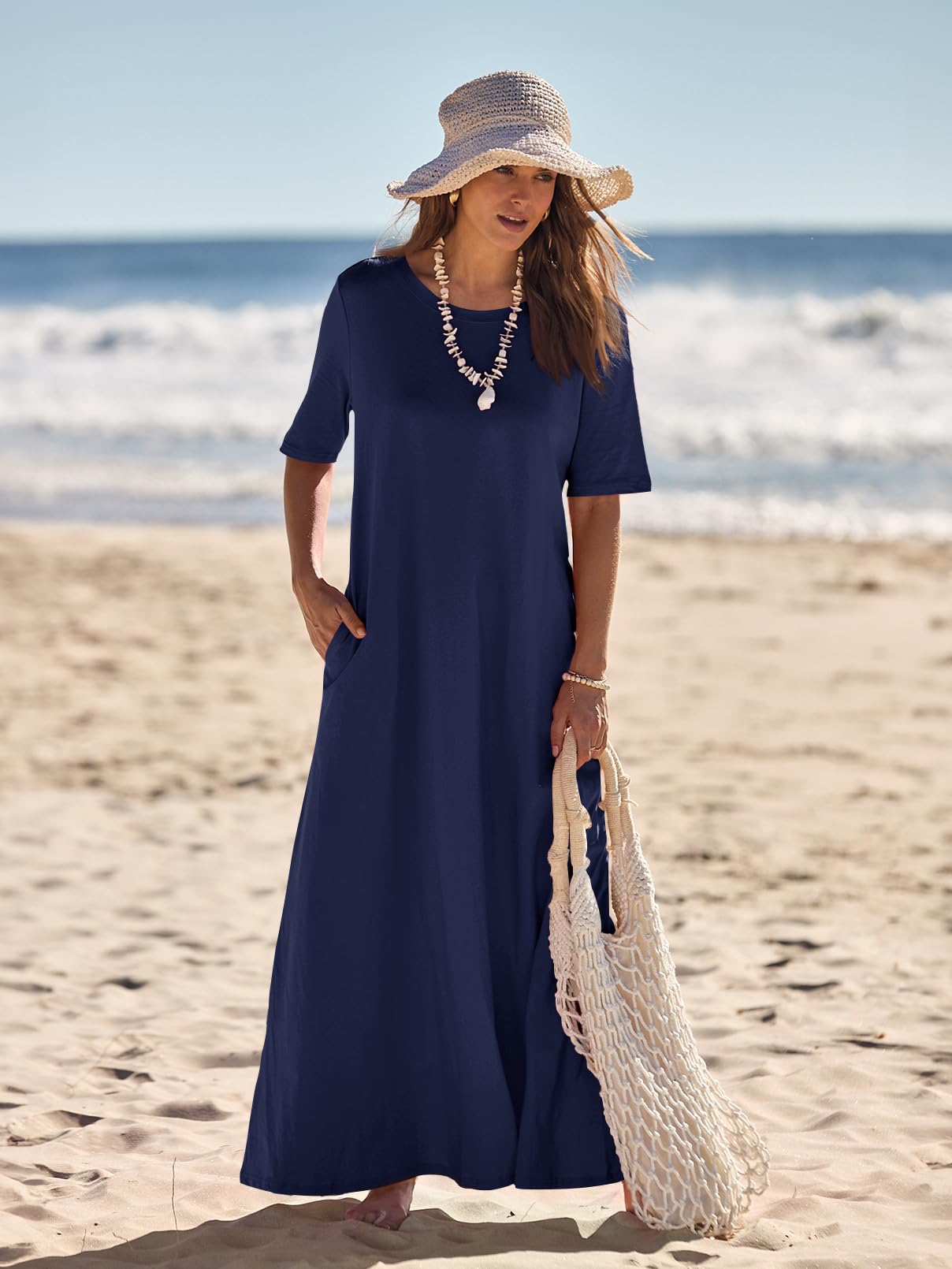 MEROKEETY Women's 2025 Spring Summer Casual Maxi Dress - Short Sleeve Crewneck Long T-Shirt Dress for Beach Vacation, Travel, and Everyday Wear