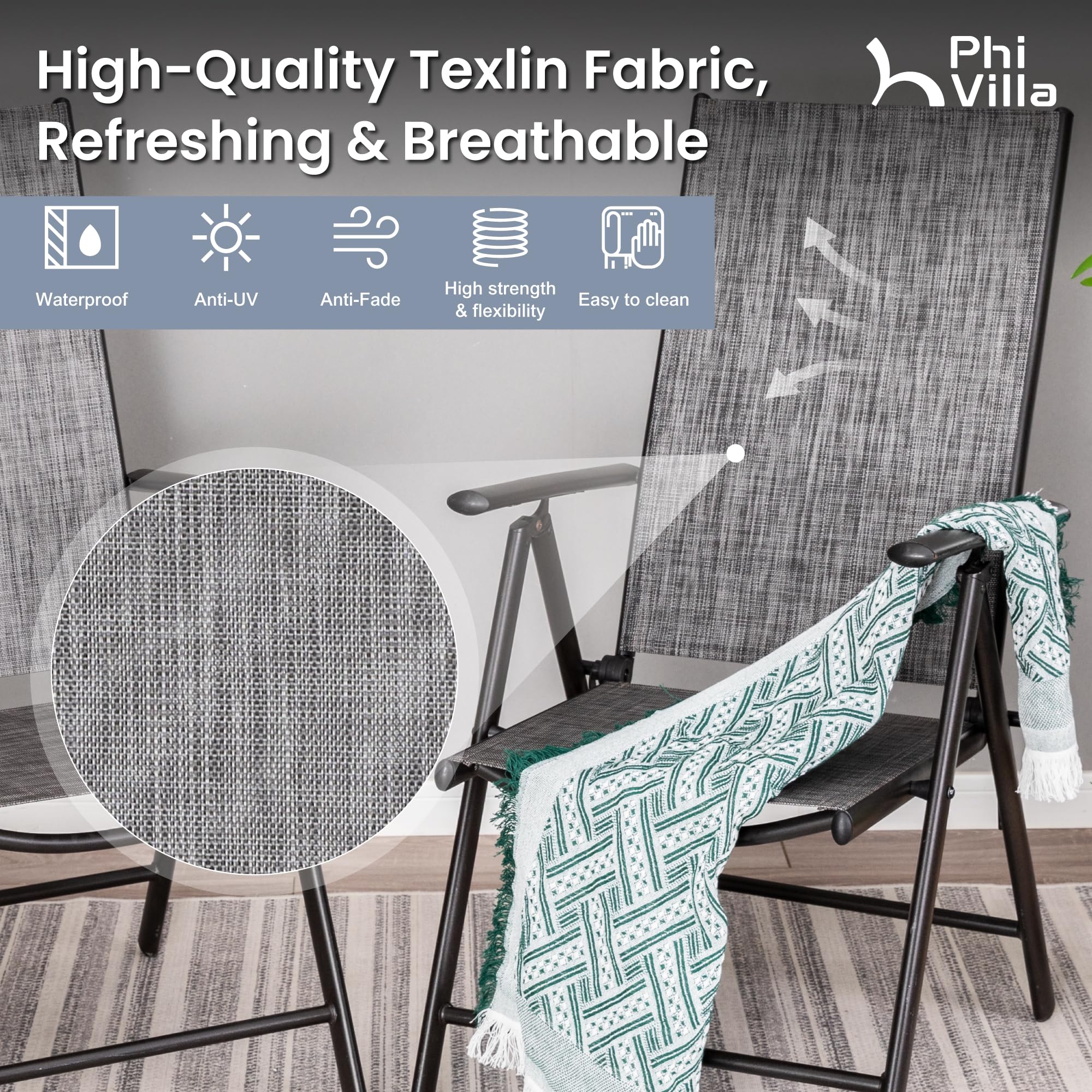 PHI VILLA 4-Piece Outdoor Patio Dining Set with 10ft Umbrella - Adjustable Folding Chairs & Weather-Resistant Table - Perfect for Garden, Backyard, Poolside & Outdoor Entertaining