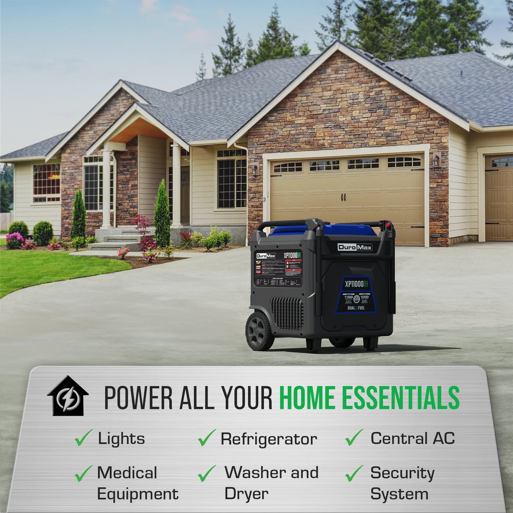 DuroMax XP11000iH 9000W/11000W Dual Fuel Portable Generator - Gas & Propane Powered with Remote Start, Inverter Technology & CO Alert - Ideal for Home Backup Power, Camping, RV Trips and Emergency Use