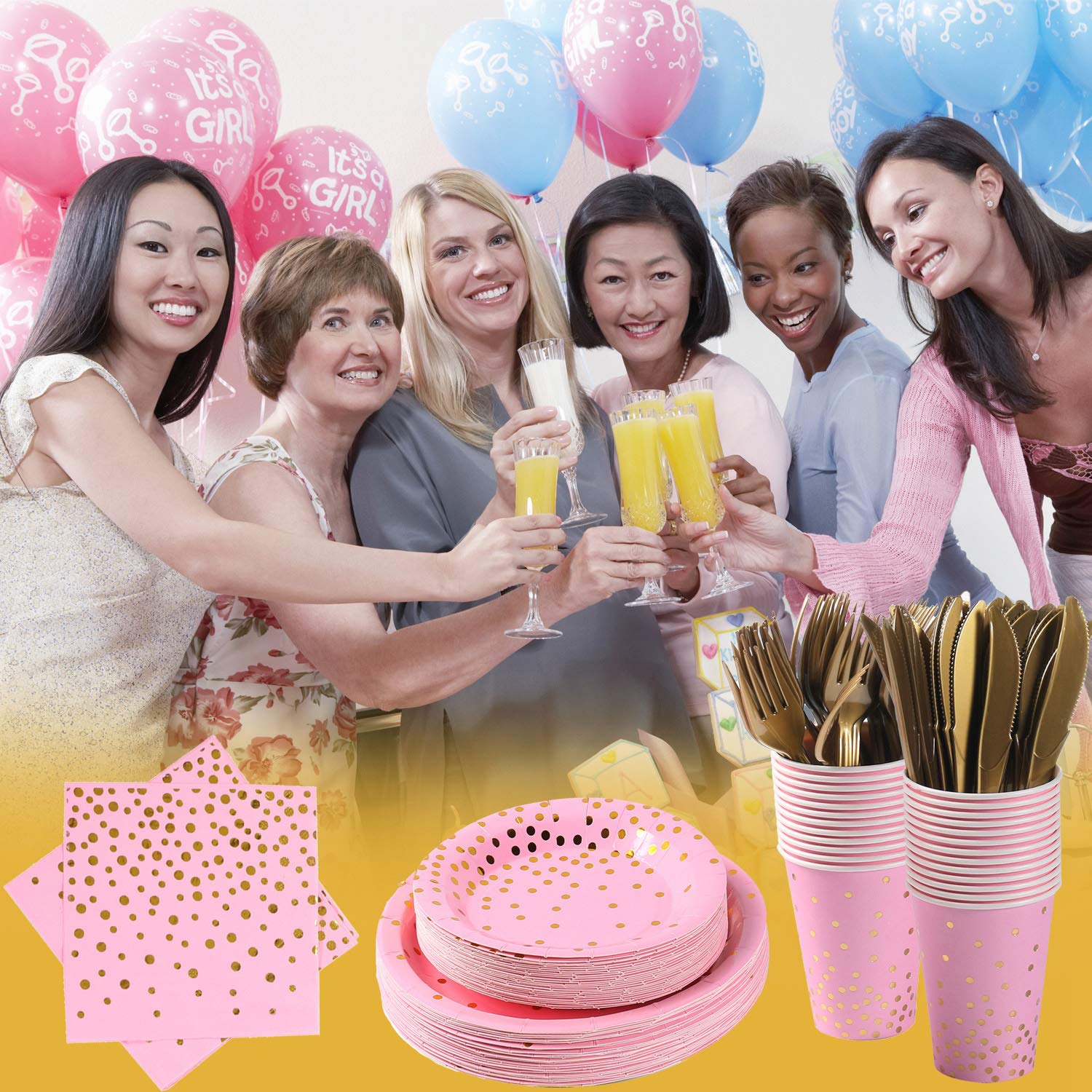 Elegant Pink & Gold Party Supplies Set - 150PCS Golden Dot Paper Dinnerware Includes Plates, Napkins, Cutlery & 12oz Cups with Banner - Perfect for Bachelorette Parties, Girls Birthday Celebrations & Baby Showers (Serves 25 Guests) - Ideal for Bridal Showers, Gender Reveals & Elegant Themed Events