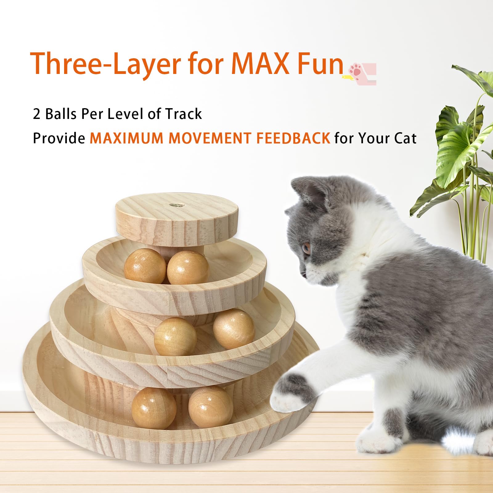 Interactive Cat Ball Track Toy - 3-Layer Wooden Maze with 6 Smooth Balls for Indoor Cats | Fun Exercise & Mental Stimulation Toy | No Assembly Required (Pine Wood) | Perfect for Playtime, Boredom Relief & Keeping Cats Active