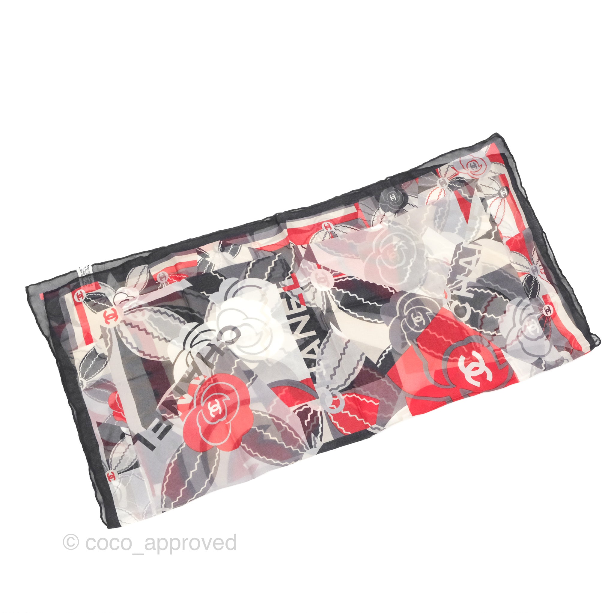 Chanel CC Silk Square Scarf 90 - Elegant Grey Red White Pattern - Luxury Fashion Accessory for Women - Perfect for Gifts, Parties, and Everyday Style