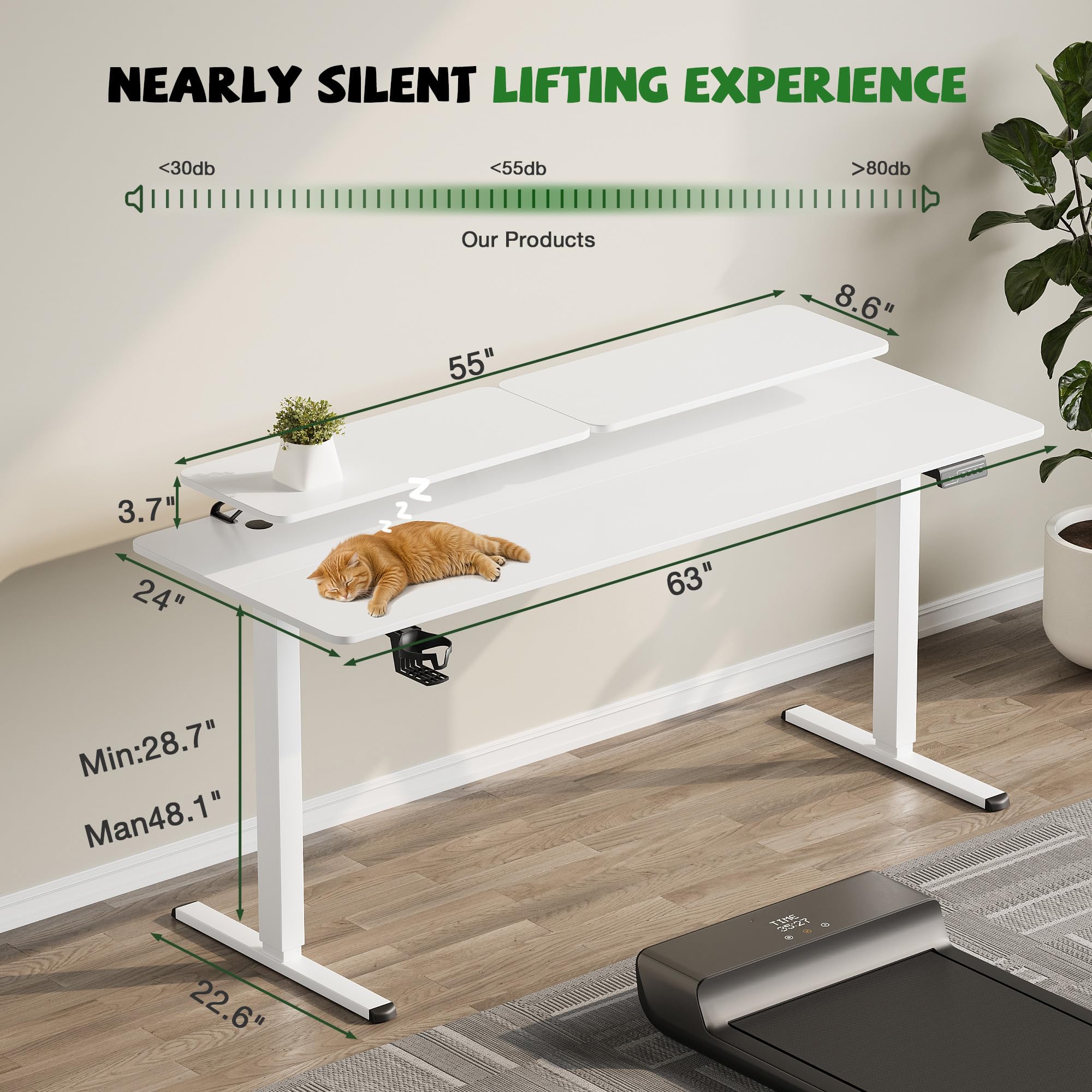 Furmax 63 x 24 Inches Electric Height Adjustable Standing Desk with Monitor & Laptop Workstation - White Sit Stand Desk with Cable Management Holes, Cup Holder & Hook - Perfect for Home Office, Gaming Setup & Remote Work