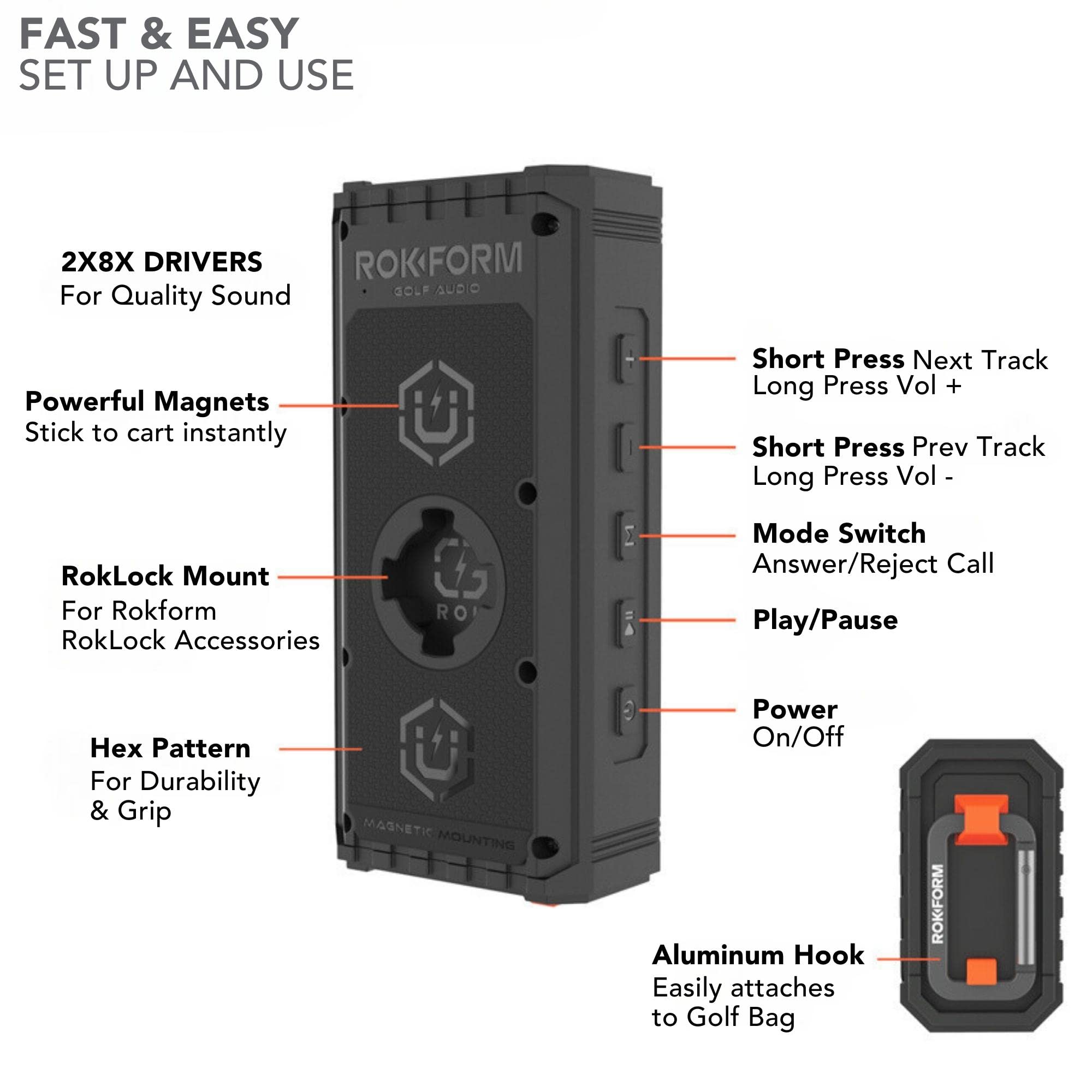 Rokform G-ROK Wireless Golf Speaker – Portable Magnetic, IPX7 Waterproof, Shockproof & Dustproof, Loud Clear Sound, 24-Hour Battery, Rugged Outdoor Golf Cart Speaker (Black) – Perfect for Golf, Camping & Outdoor Adventures