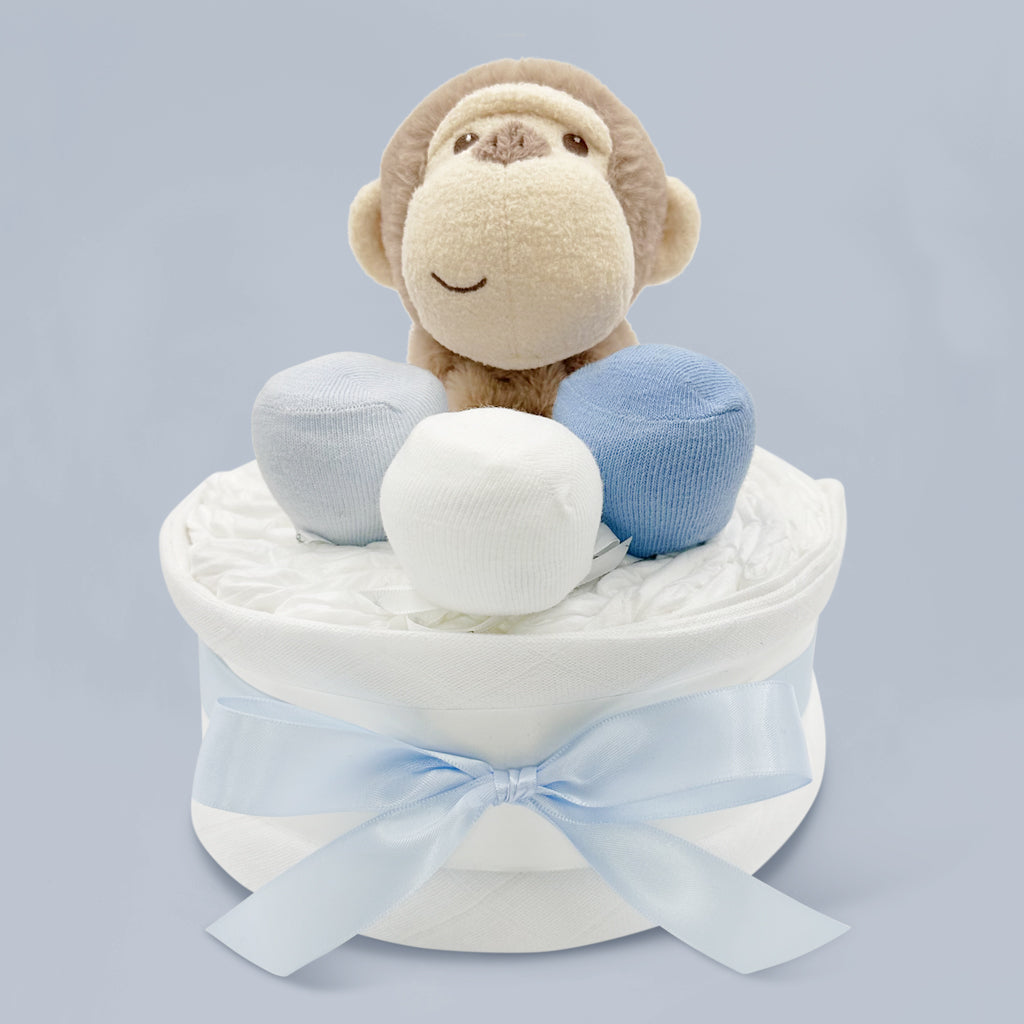 Morris Monkey Diaper Cake - Blue Baby Shower Gift for Newborns | Perfect for Gender Reveal Parties & Nursery Decor