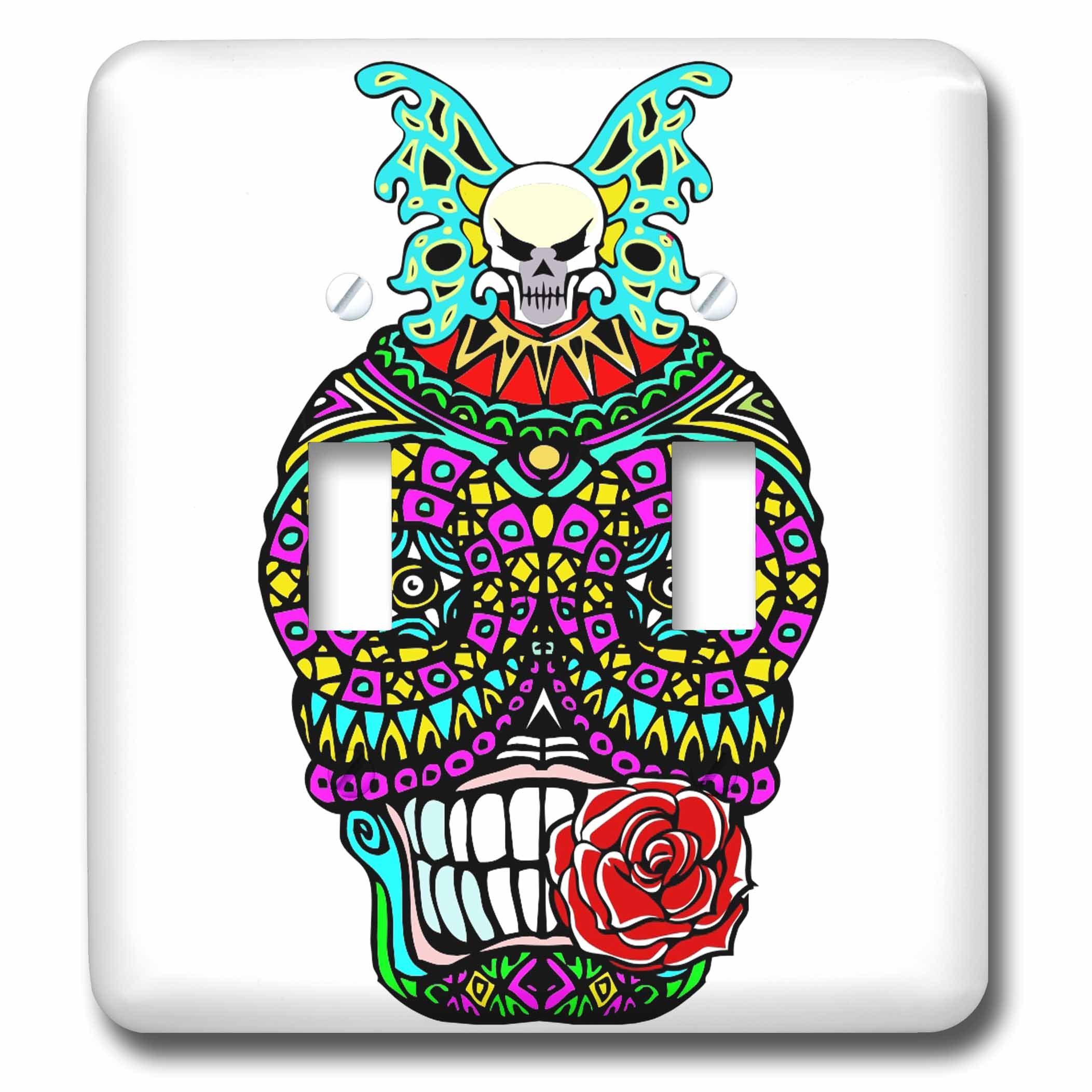 3D Rose LSP_220861_2 Day of The Dead Sugar Skull with Rose in Teeth Double Toggle Switch Plate - Gothic Home Decor for Wall Outlets, Perfect for Halloween & Dia de Los Muertos Celebrations