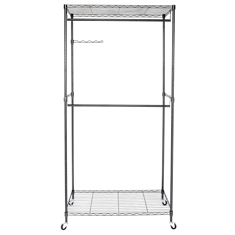2 Heavy Duty Commercial Grade Rolling Garment Racks with Lockable Wheels, Swivel Hooks & Mesh Shelf - Black | Space-Saving Closet Organizer for Retail Stores, Boutiques & Home Wardrobes