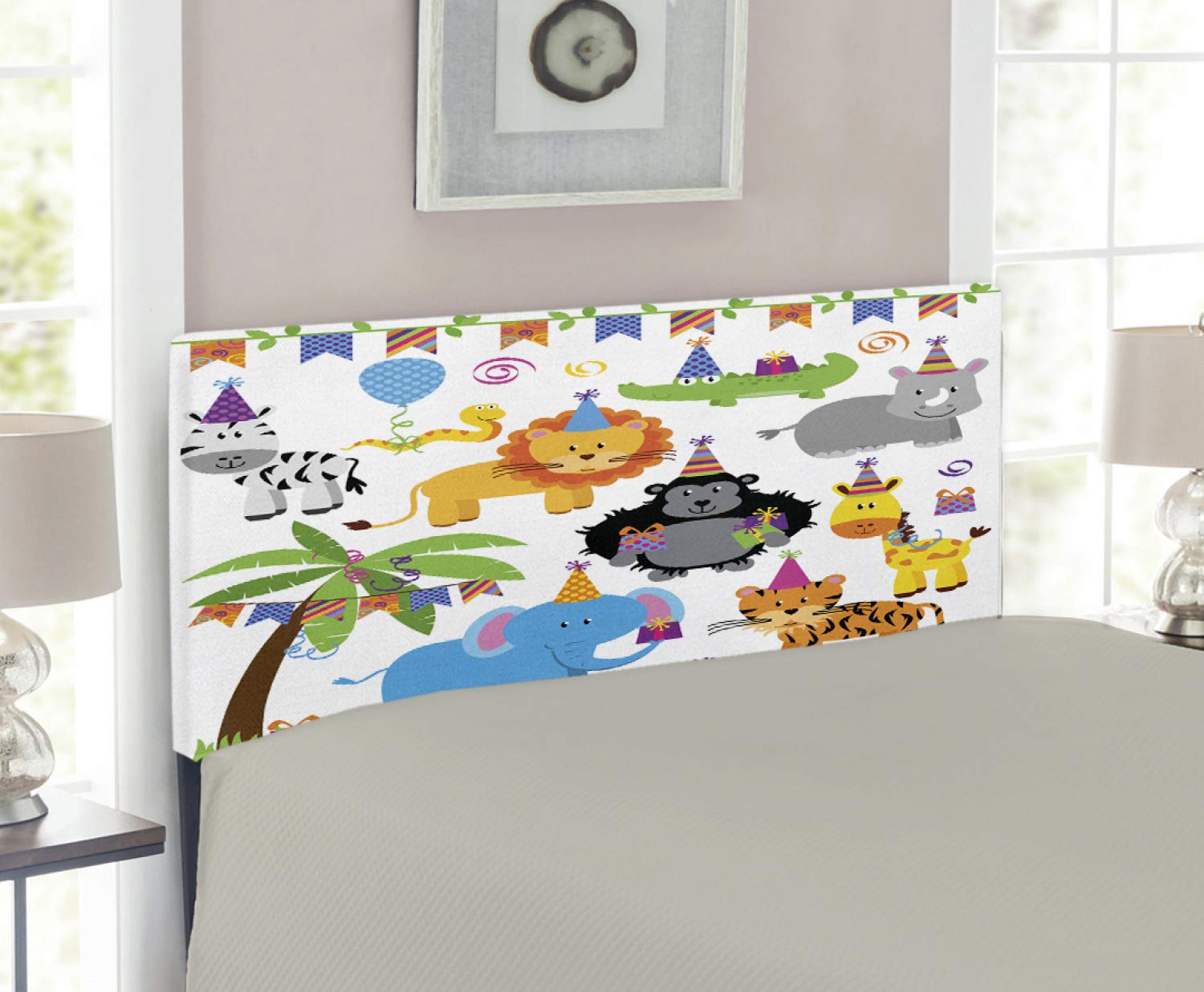 Ambesonne Twin Size Upholstered Metal Bed Headboard with Memory Foam - Jungle Wild Savannah Animals Cartoon Pattern with Party Hats & Flags - Multicolor Decorative Headboard for Birthday Party Room Decor