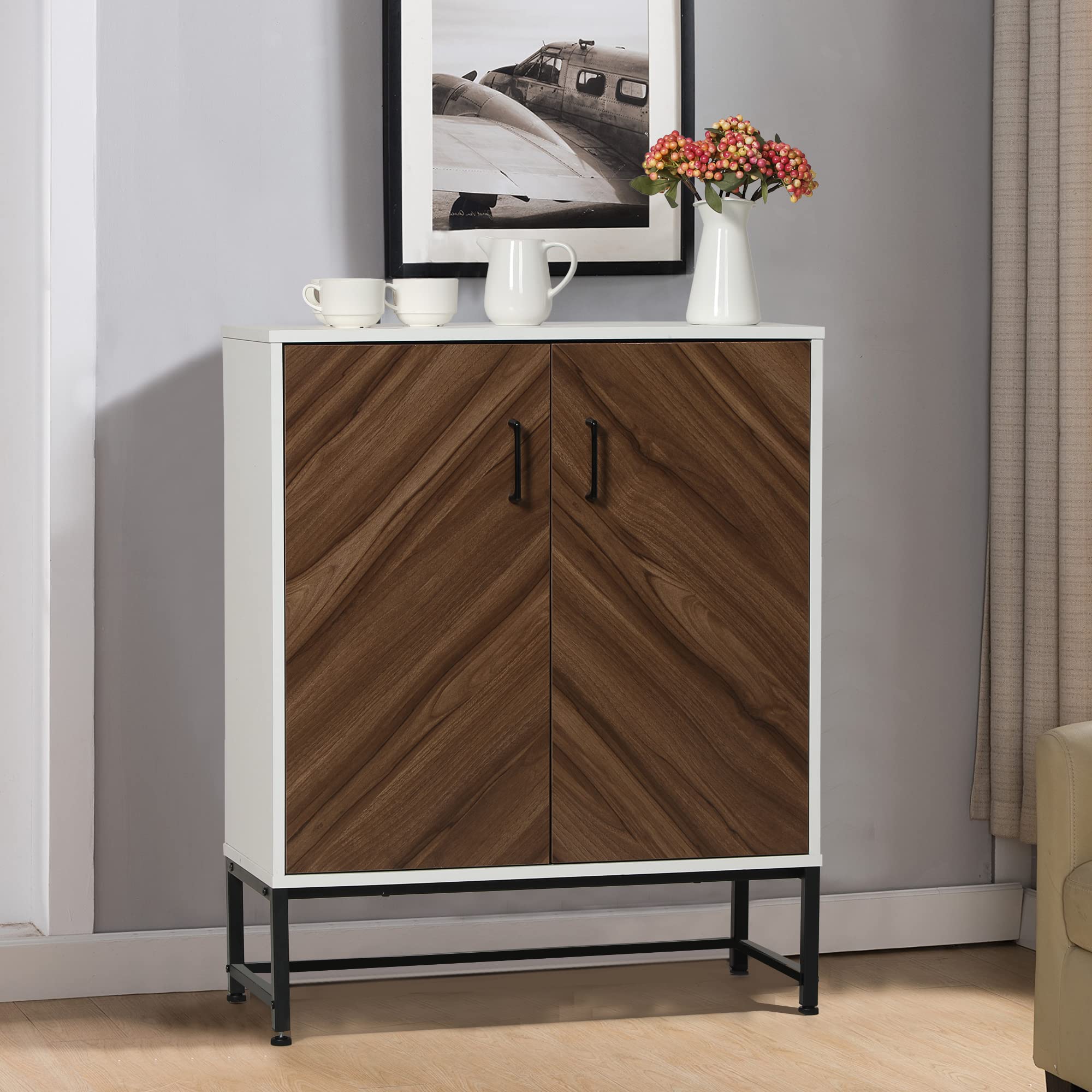 ALPHA HOME Wooden Accent Cabinet with Doors - Farmhouse Style Buffet Storage Cabinet for Kitchen, Dining Room & Living Room - Distressed Finish in Brown/White - 28.9 x 12.5 x 35.2 Inches - Perfect for Organizing Dishes, Linens & Home Decor