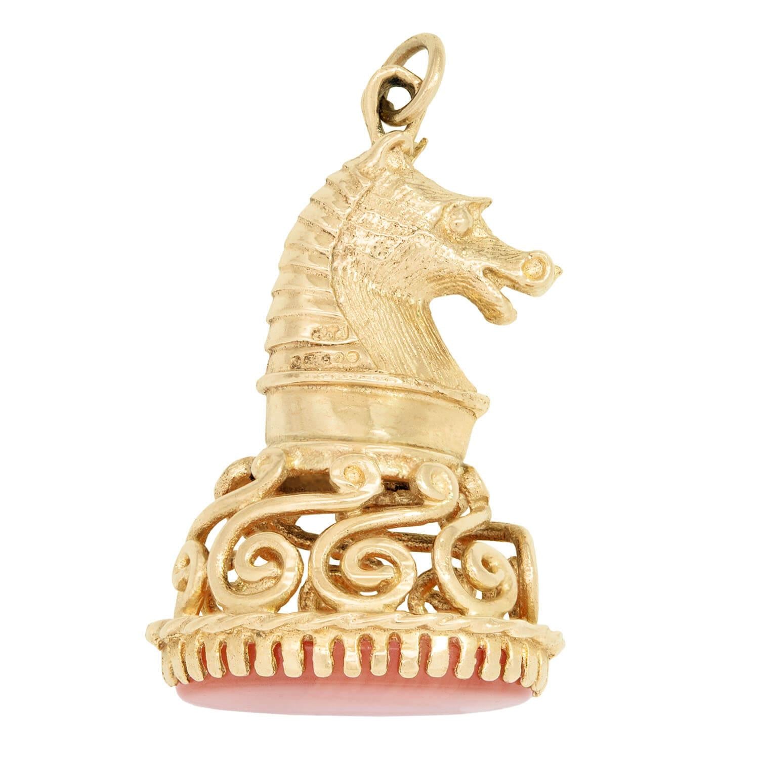 Antique Edwardian 9k Gold Carnelian Knight Chess Piece Fob Charm - Vintage Chess Jewelry for Collectors & Chess Lovers - Perfect for Keychains, Necklaces & Gift Giving