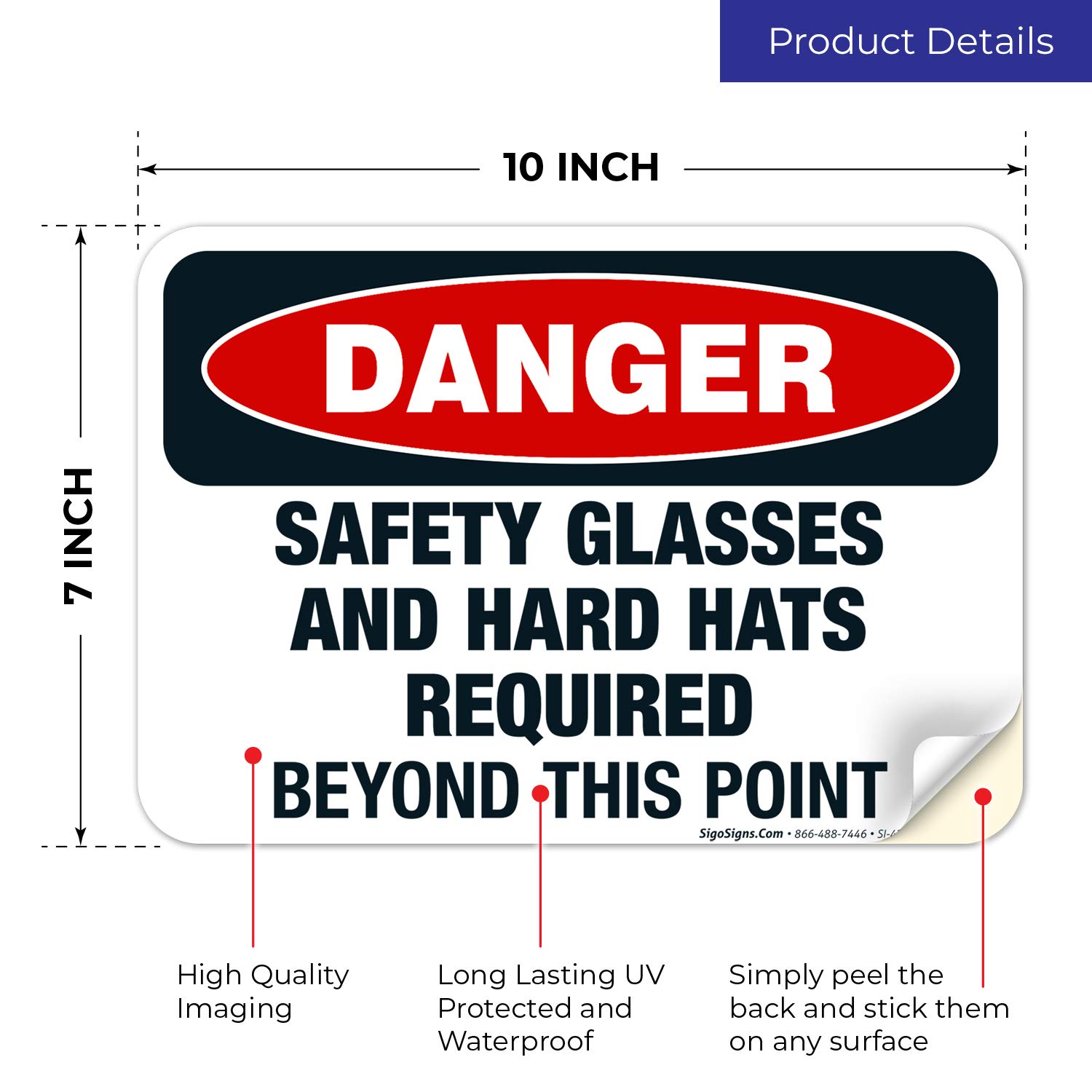 Danger Safety Glasses & Hard Hats Required Beyond This Point OSHA Sign - 10x7 Inch Vinyl Decal Sticker - Weatherproof, UV Resistant, Durable (Made in USA) - Perfect for Construction Sites, Warehouses & Industrial Areas