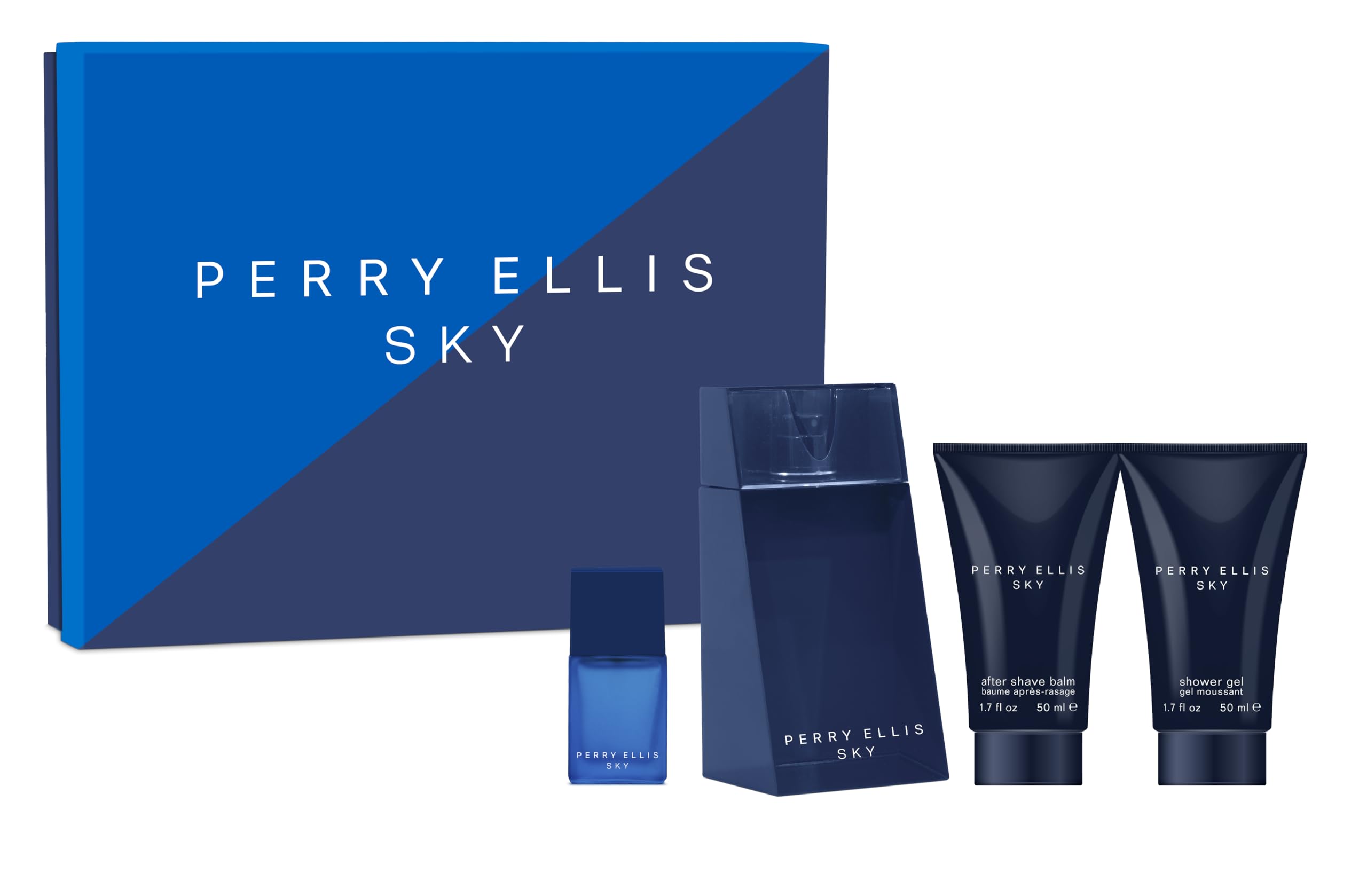 Perry Ellis Sky 4-Piece Men's Cologne Gift Set - 3.4 oz EDT Spray, 1.7 oz Aftershave, 1.7 oz Shower Gel & Travel Size .25 oz | Fragrance Gift for Him | Perfect for Birthday, Anniversary & Valentine's Day Gifts