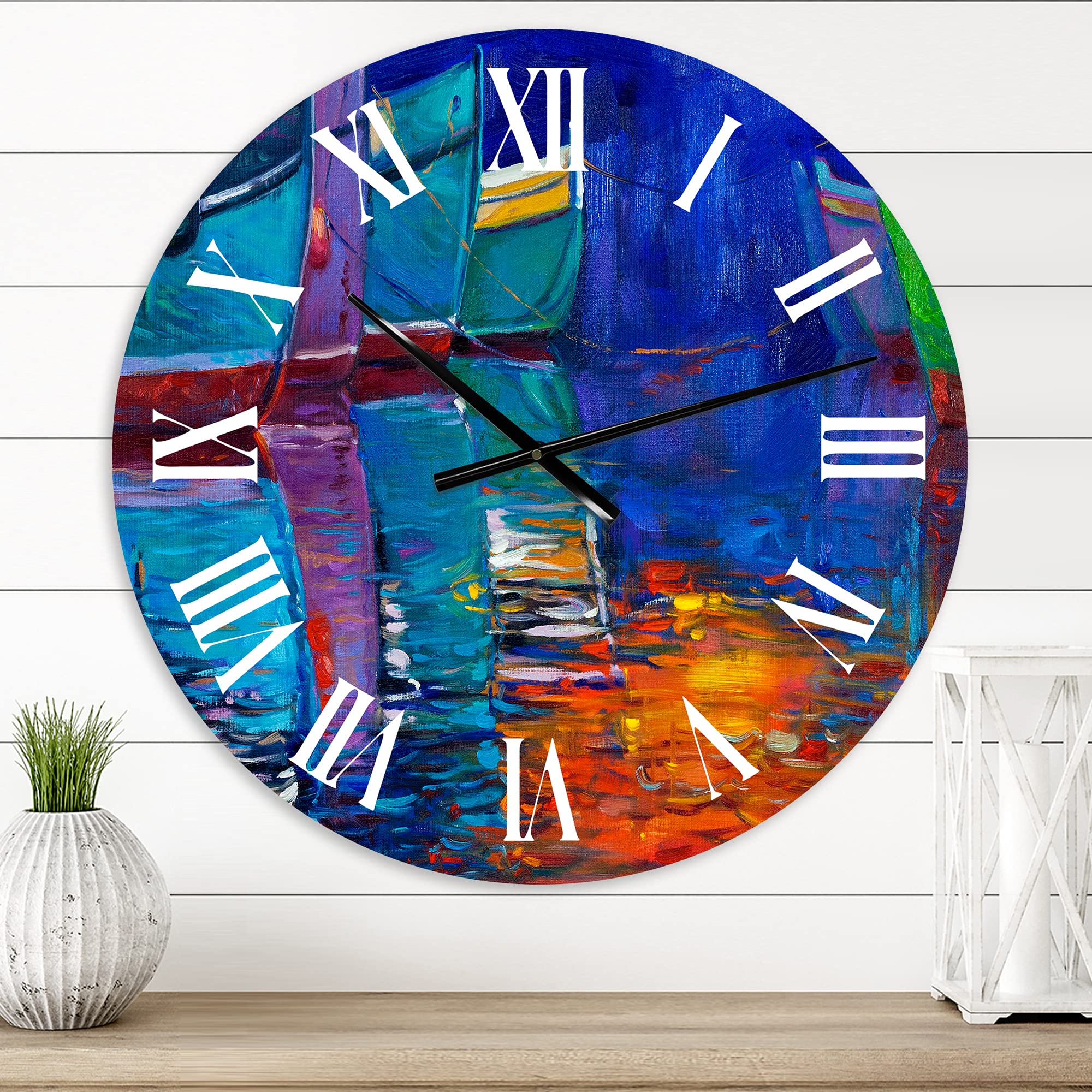 DesignQ Nautical Coastal Wall Clock - Round Blue Boat Sunset Decor for Living Room, Bedroom & Office - Perfect for Beach House, Coastal Decor & Home Interior Design