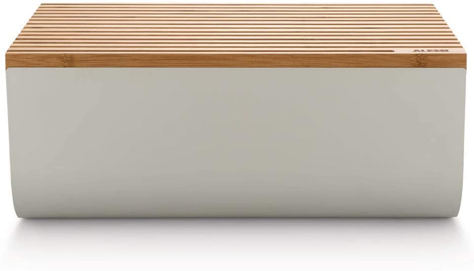 Alessi BG03 R Mattina Bread Box - Stainless Steel with Epoxy Resin & Bamboo Cutting Board - Red - Perfect for Kitchen Storage & Countertop Organization
