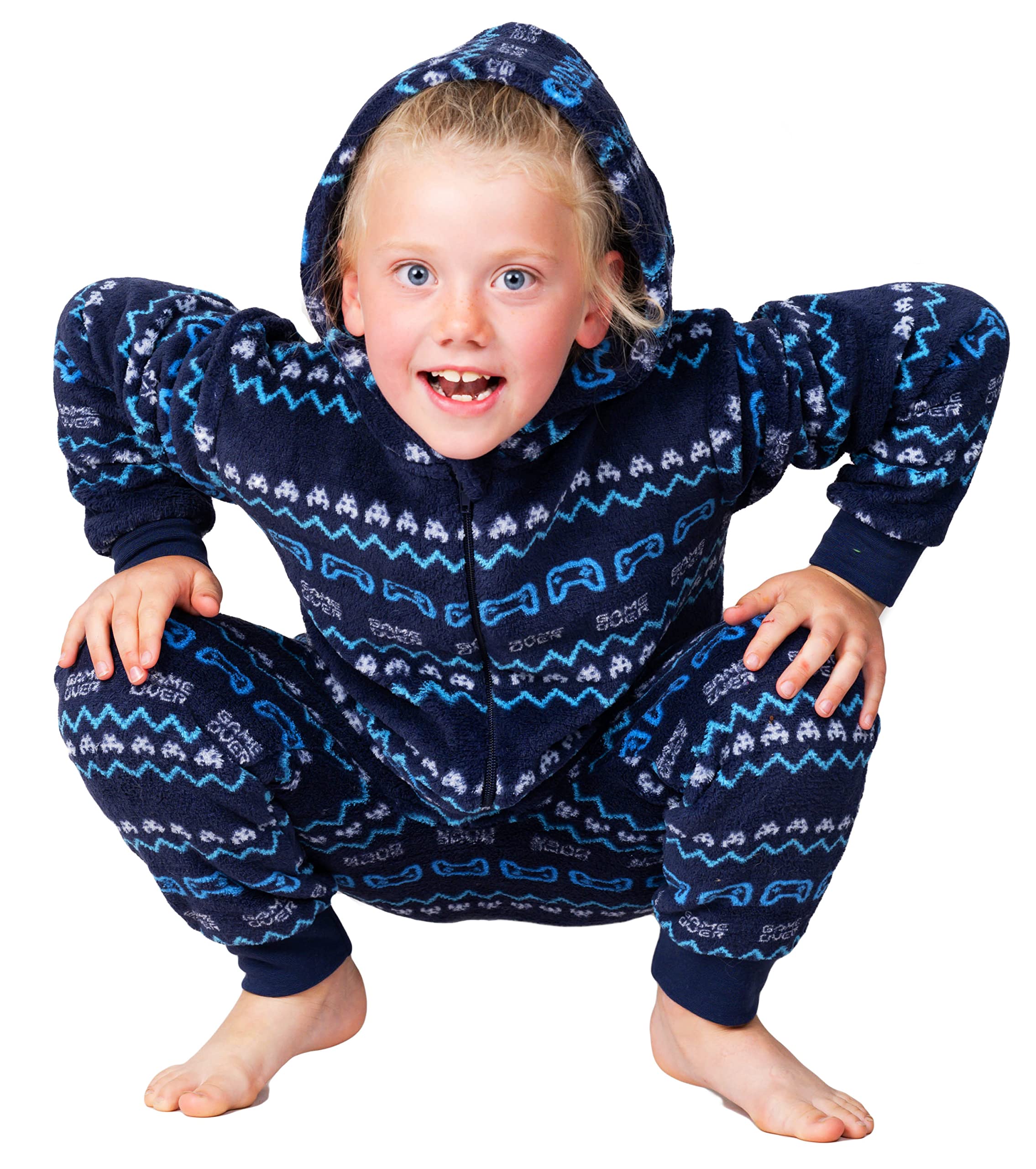 Wunsy Kids Gaming Onesie - Space Invaders Themed Fleece Sleepsuit with Hood for Boys & Girls Ages 8-16 | Warm PJs for Sleepovers, Gaming Nights & Winter Comfort
