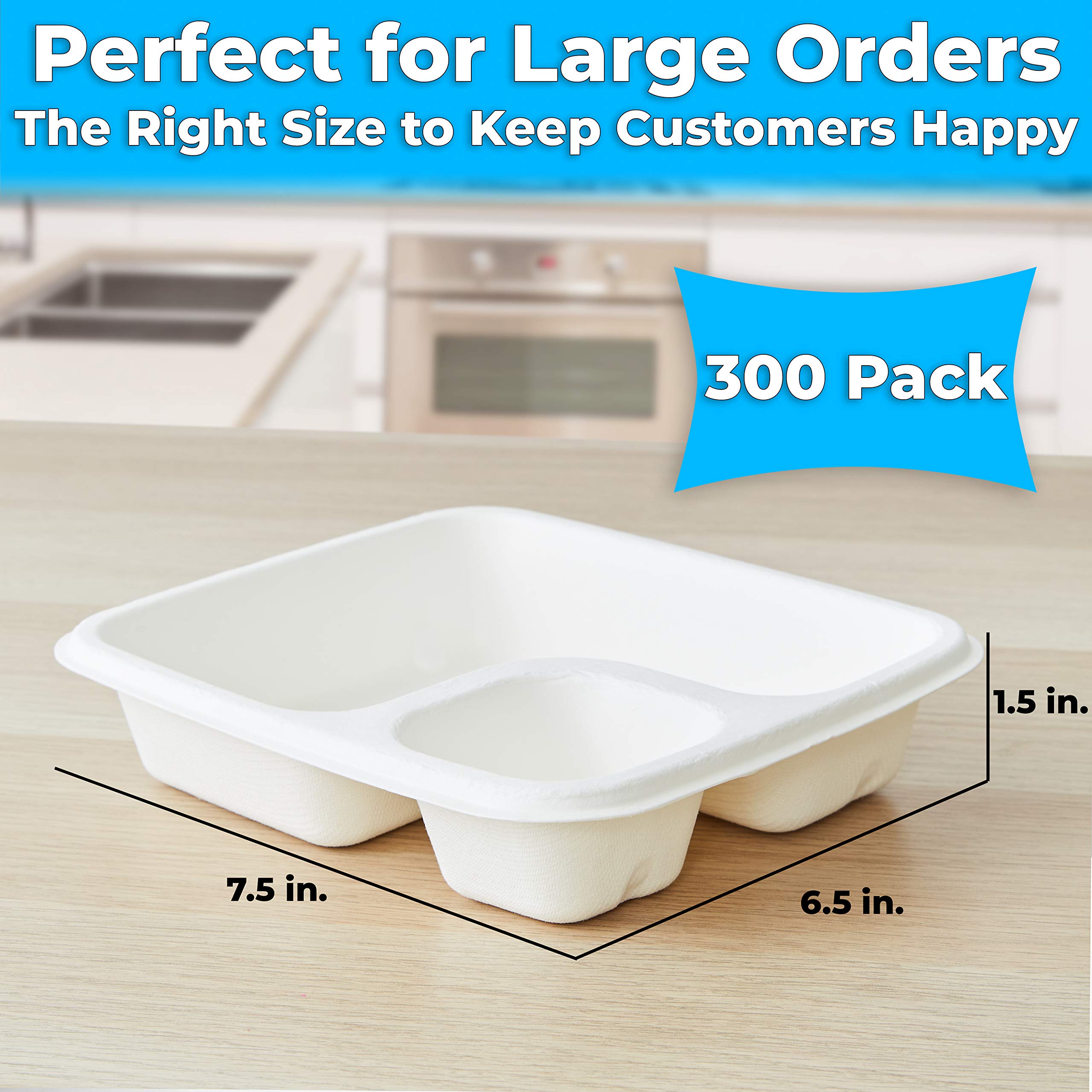 Leak-Free Compostable Bagasse Nacho Trays 300 Pack - Large 2-Compartment Microwave Safe Biodegradable Sugarcane Serving Trays - Durable Divided Holder for Snacks, Nachos, Cheese, Chips & Salsa - Perfect for Parties, Movie Nights & Catering Events