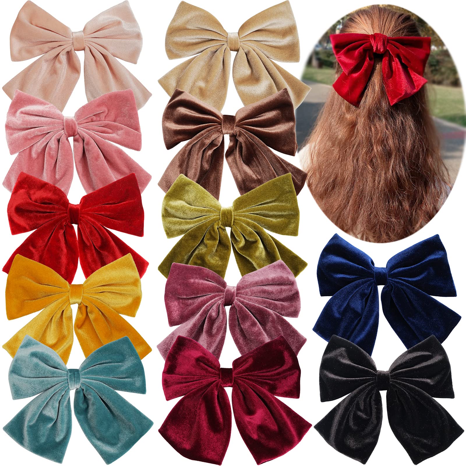 12 Pack Velvet Hair Bows Clips - 8 Inch Large Hair Barrettes for Women, Girls & Teens - Vintage French Style Hair Accessories for Parties, Weddings & Everyday Wear