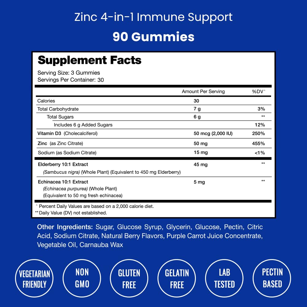 NutraChamps 4-in-1 Zinc Gummies with Vitamin D3, Elderberry & Echinacea - 50mg Zinc Supplement for Immune, Heart & Brain Support - 180 Count (Pack of 2) - Chewable Vitamin Gummies for Adults & Kids - Perfect for Daily Wellness & Immune Boosting