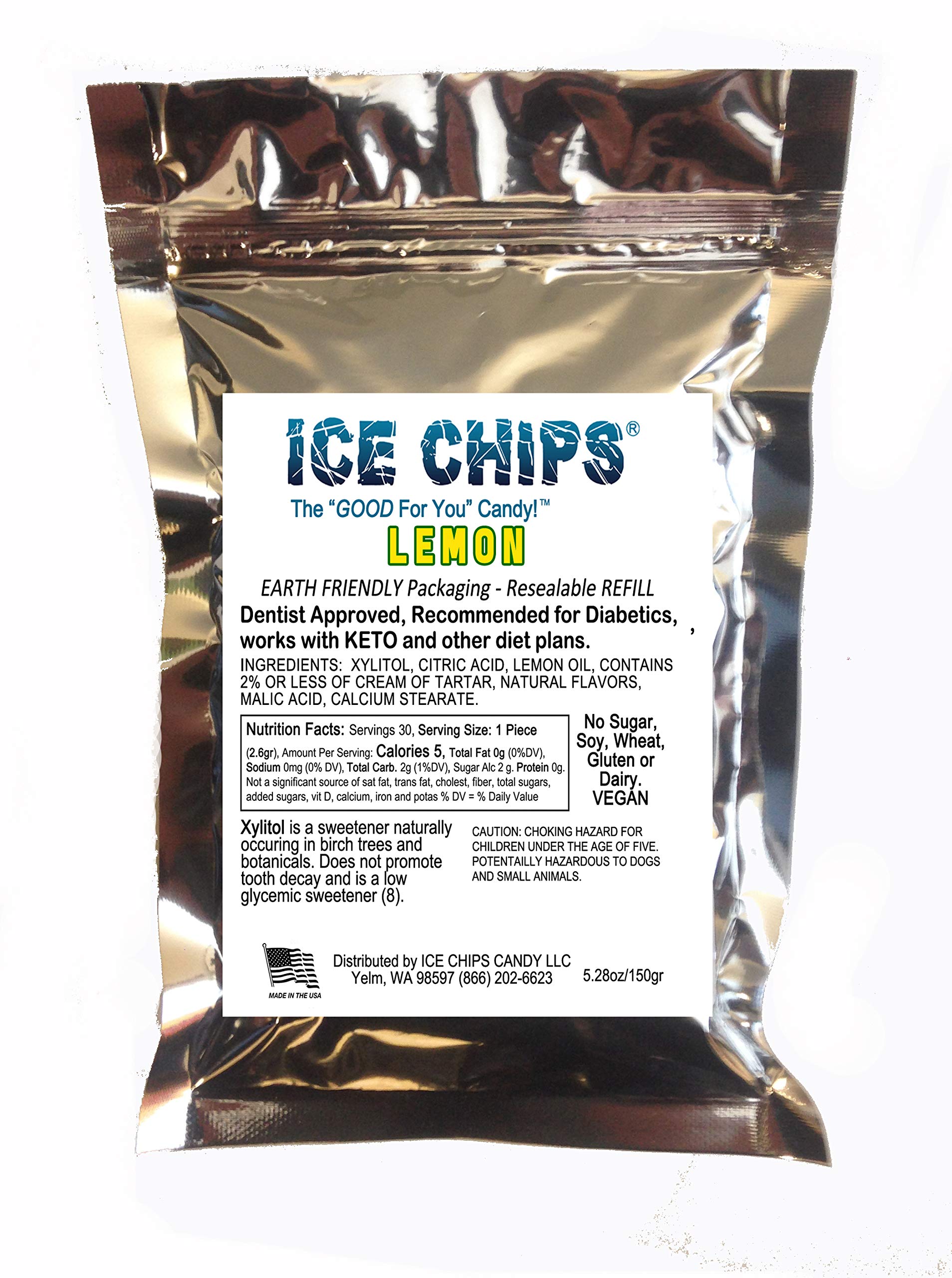 ICE CHIPS Xylitol Sugar-Free Candy - 5.28 oz Resealable Bag | Low Carb, Keto & Gluten Free Lemon Flavored Hard Candy - Perfect for Diabetics, Weight Loss & Fresh Breath