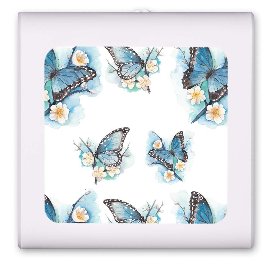 Dimmable LED Night Light with Auto On/Off Sensor - Adjustable Brightness, Warm White Light for Bathroom, Hallway, Nursery & Bedroom - Blue Butterflies on White Flowers Design | Perfect for Nighttime Safety & Comfort