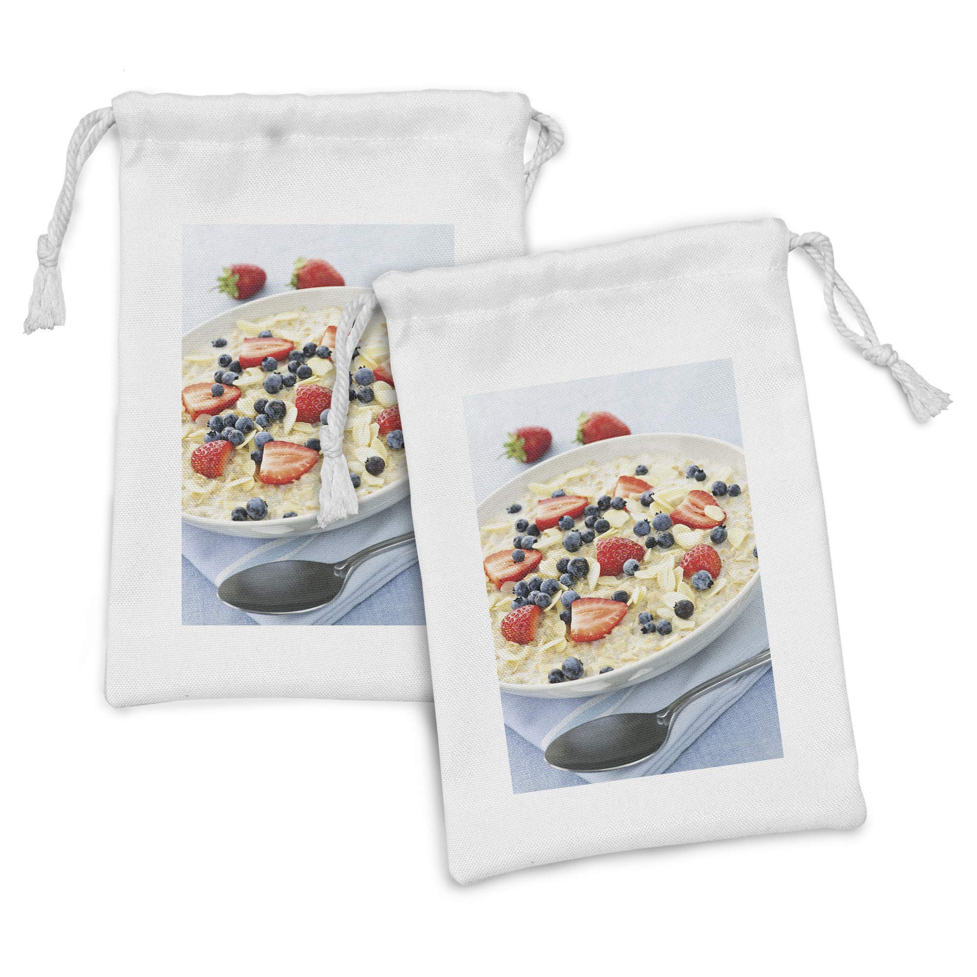 Ambesonne 2-Pack Oatmeal Fabric Drawstring Pouch Set - Healthy Breakfast Cereal with Fresh Berries & Strawberries Print - 9