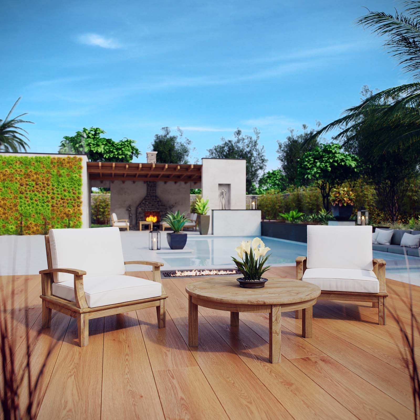 Premium Grade A Teak Wood Outdoor Patio Furniture Set - 3 Piece Natural White - Modway EEI-1475-NAT-WHI-SET - Perfect for Backyard, Garden, Poolside & Patio Relaxation