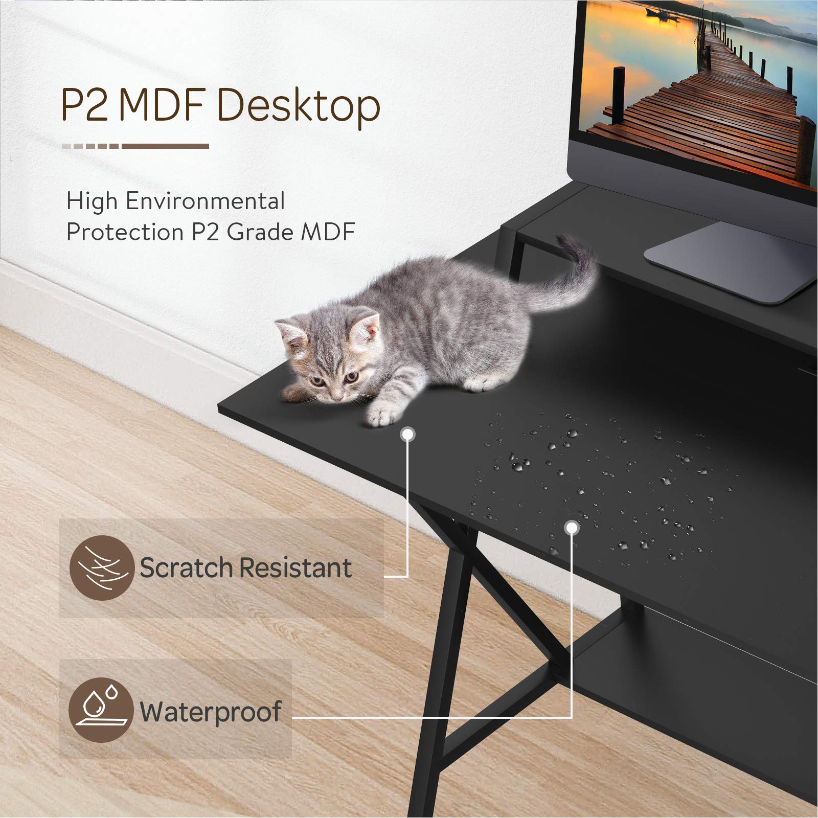 PowerStone 48 Inch Gaming Desk with Carbon Fiber Surface - Ergonomic Computer Desk for Gaming & Office Work - Includes Monitor Stand, USB Power Strip, Cup Holder & Headphone Hook - Perfect for PC Gamers & Home Office Setup (Black)