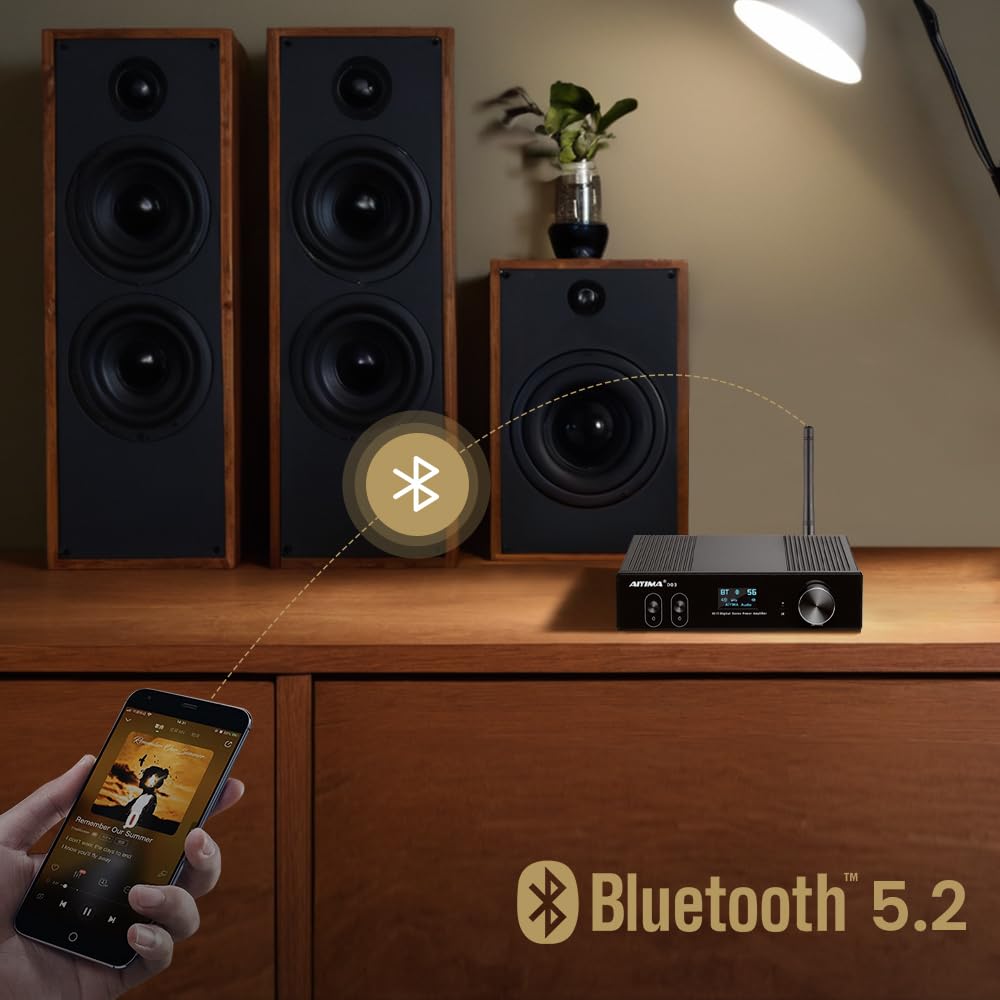 AIYIMA D03 Bluetooth 5.0 Stereo Amplifier - 150W x 2 HiFi Power Amp with DAC, 24Bit/192kHz, USB/Coaxial/Optical Inputs, OLED Display, AptX HD, Remote Control - Perfect for Home Theater, Music Studio & Subwoofer Systems