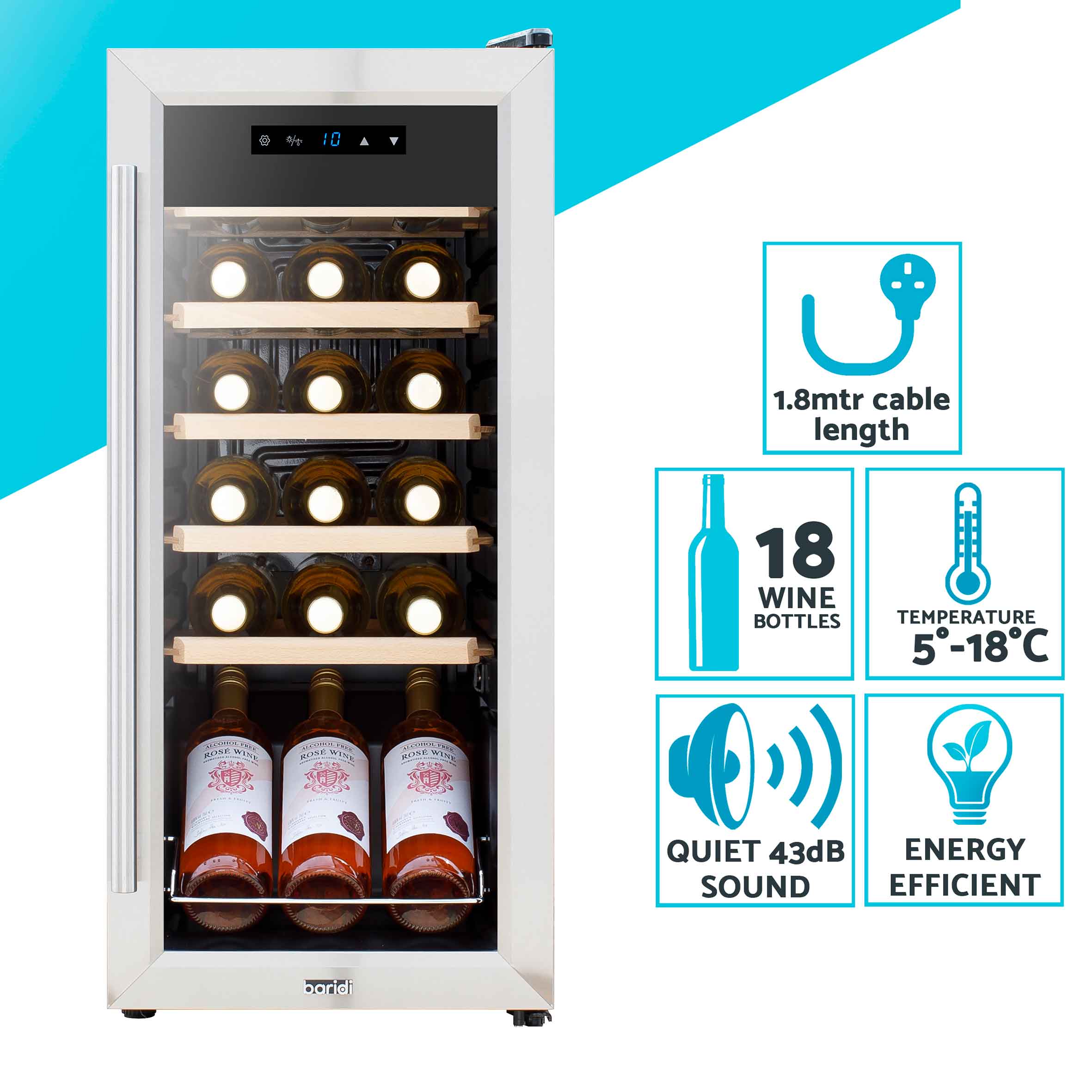 Baridi 18 Bottle Dual Zone Wine Cooler Refrigerator - Touch Screen Control, LED Lighting, Stainless Steel Design - Perfect for Home Bars, Restaurants, and Wine Cellars