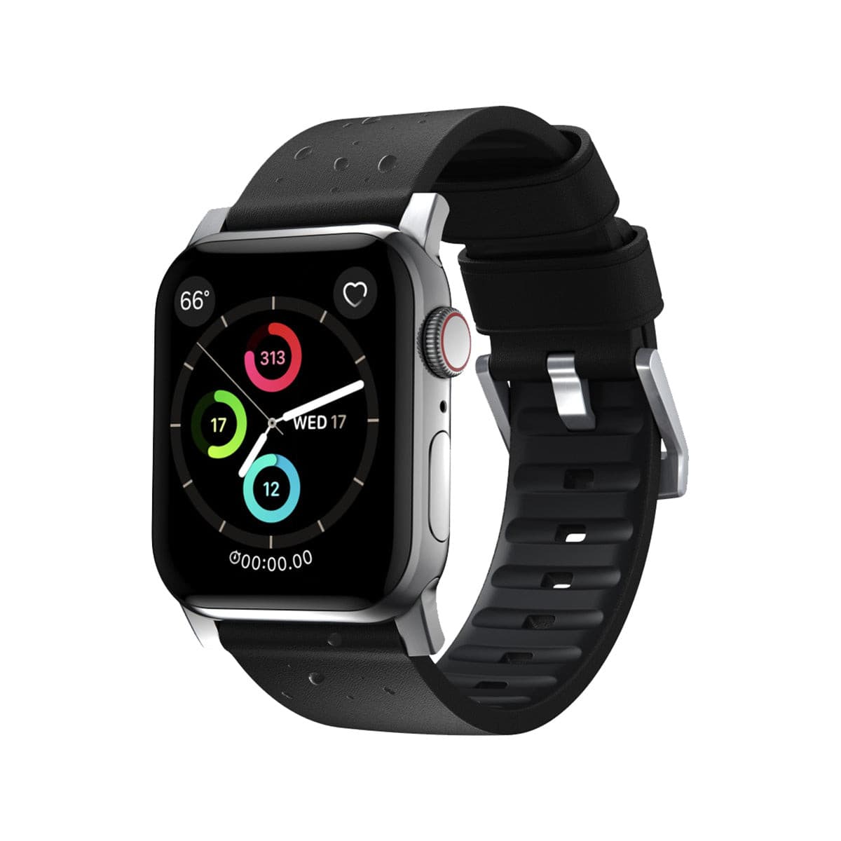 Nomad Active Band Pro 40mm / 41mm Silver Stainless Steel Case with Black Leather Strap - Compatible with Apple Watch for Workouts, Business & Everyday Wear