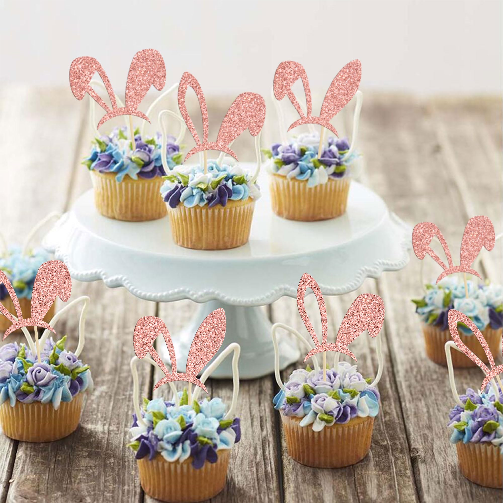 24Pcs Rose Gold Glitter Bunny Ear Cupcake Toppers - Easter Cake Decorations for Spring Birthday, Baby Shower & Bunny Theme Party Supplies | Perfect for Easter Desserts, Holiday Treats & Festive Celebrations