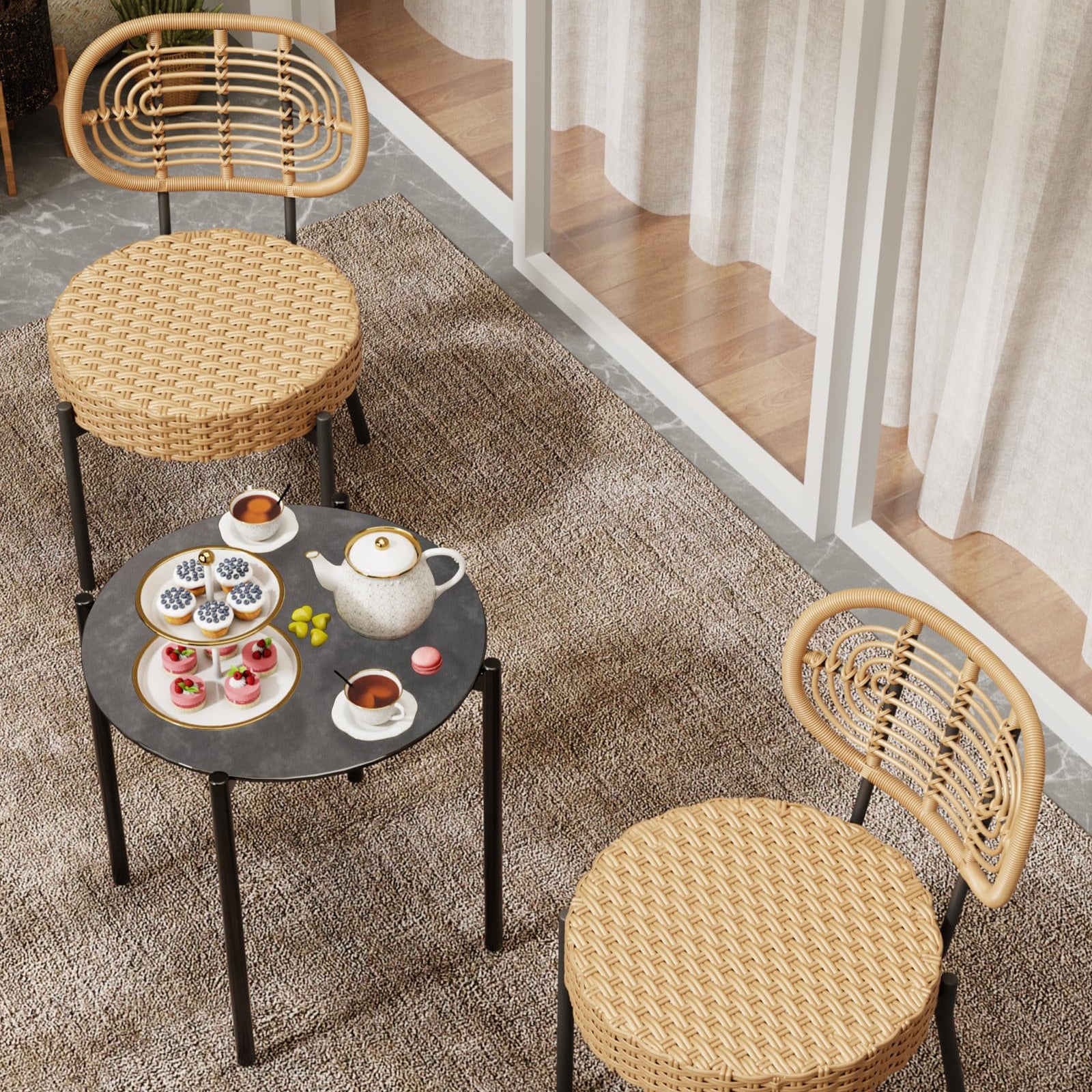 GARVEE 3-Piece Patio Bistro Set - Outdoor Wicker Chairs with Glass Table - Rattan Furniture for Patio, Deck, Backyard, Garden - Black & Brown - Perfect for Relaxing, Dining & Entertaining Outdoors