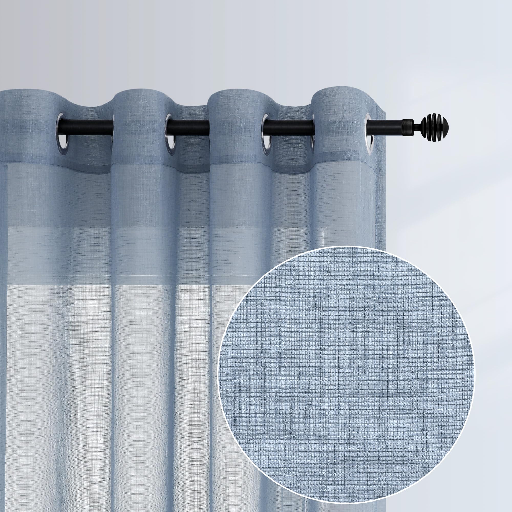 Pitalk 84 Inch Dusty Blue Semi Sheer Curtains - 2 Panels Grommet Linen Look Window Drapes for Living Room, Bedroom & Dining Room - Light Filtering Translucent Country Blue Gray Curtains (52x84 Inches) Perfect for Bay Windows, French Doors and Home Decor Accents
