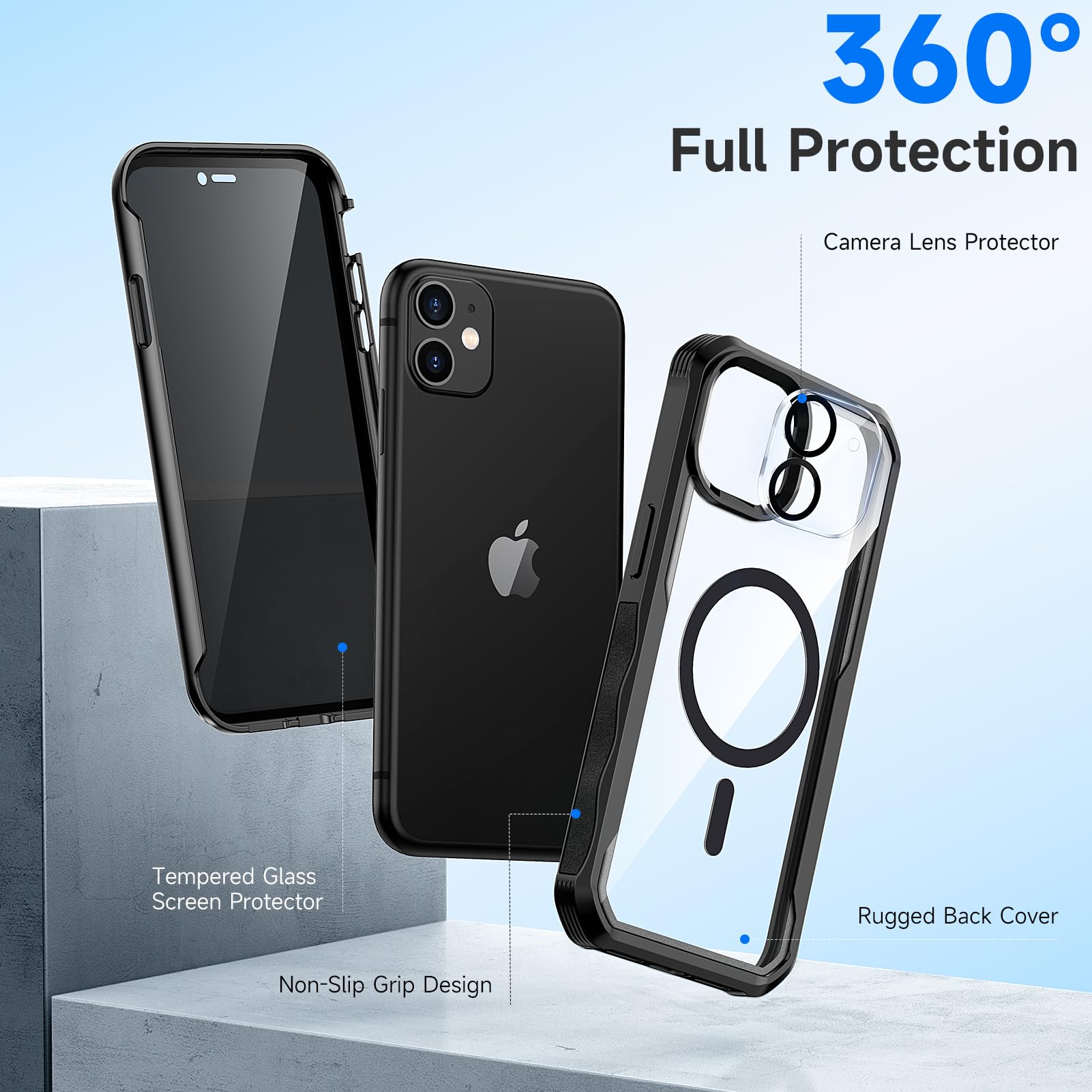 Seacosmo Magnetic Case for iPhone 11 with Privacy Screen Protector & Camera Lens Protector - Military Grade Full Body Protection - Shockproof Anti-Scratch Cover for Work, Travel & Outdoor Activities - Black