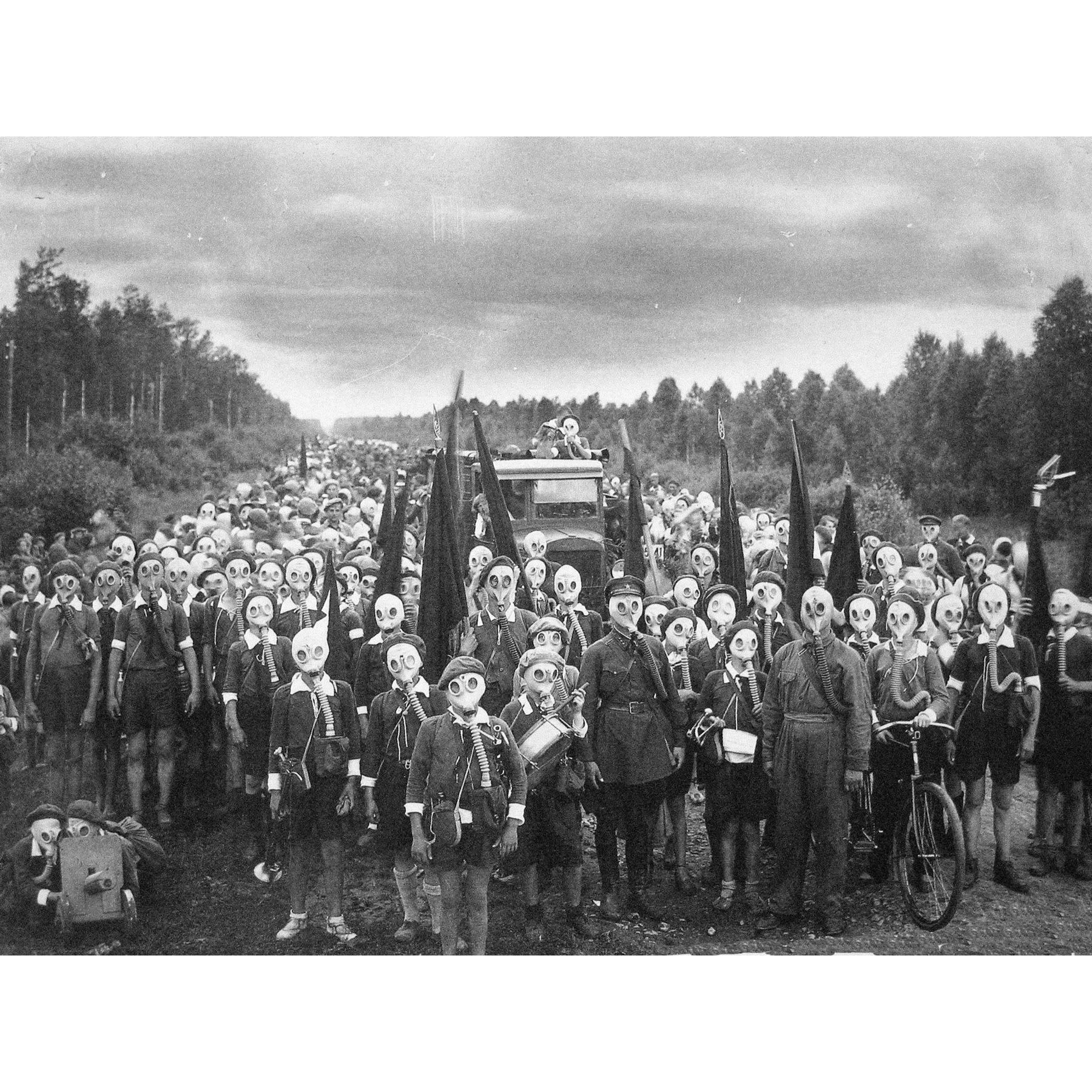 Vintage Bulla 1937 Gas Mask Drill Leningrad USSR Historical Photo - Large Wall Art Print Poster for Home & Office Decor - Perfect for History Buffs & Soviet Memorabilia Collectors