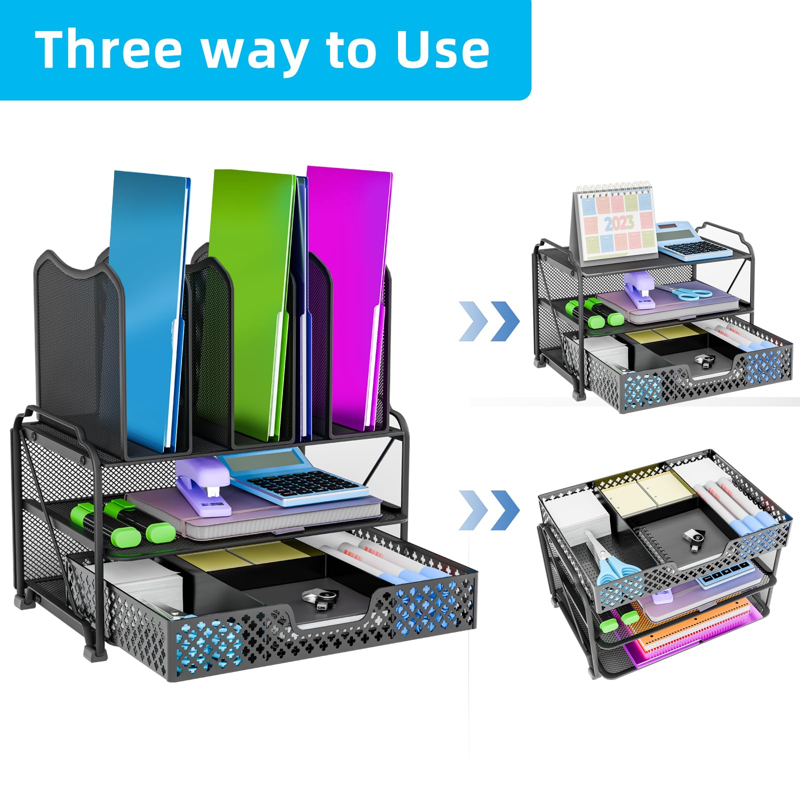 Trending Mesh Desk File Organizer - Black Office Supplies with Sliding Drawer, Double Tray & 5 Upright Sections for Document Storage | Perfect for Home Office, Study Desk & Workspace Organization