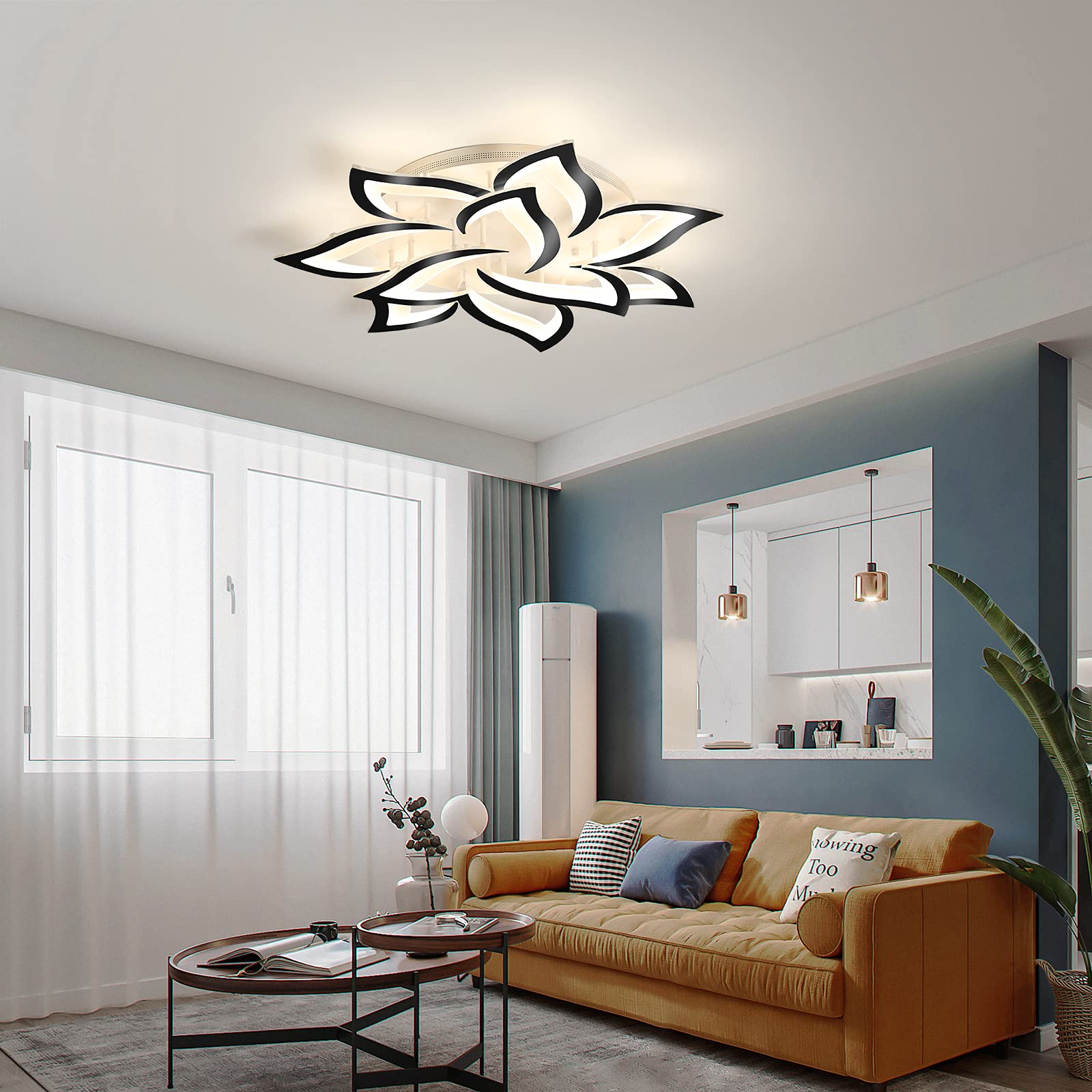 Modern LED Ceiling Light Fixture - Dimmable Flush Mount Flower Chandelier with Black Petals, 72W Energy Saving Lighting for Bedroom, Living Room & Dining Room | Elegant Home Decor & Ambient Lighting Solution