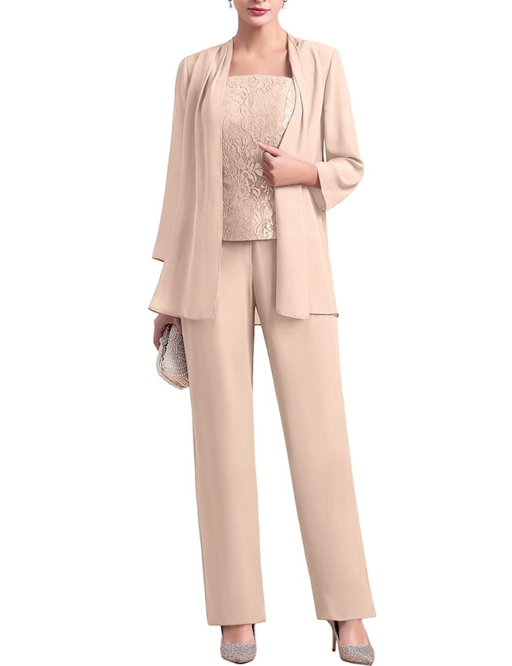 Elegant Zongqiven Women's 3-Piece Chiffon Pantsuit Set with Lace Details - Mother of the Bride Dress, Wedding Guest Outfit & Formal Evening Wear for Special Occasions