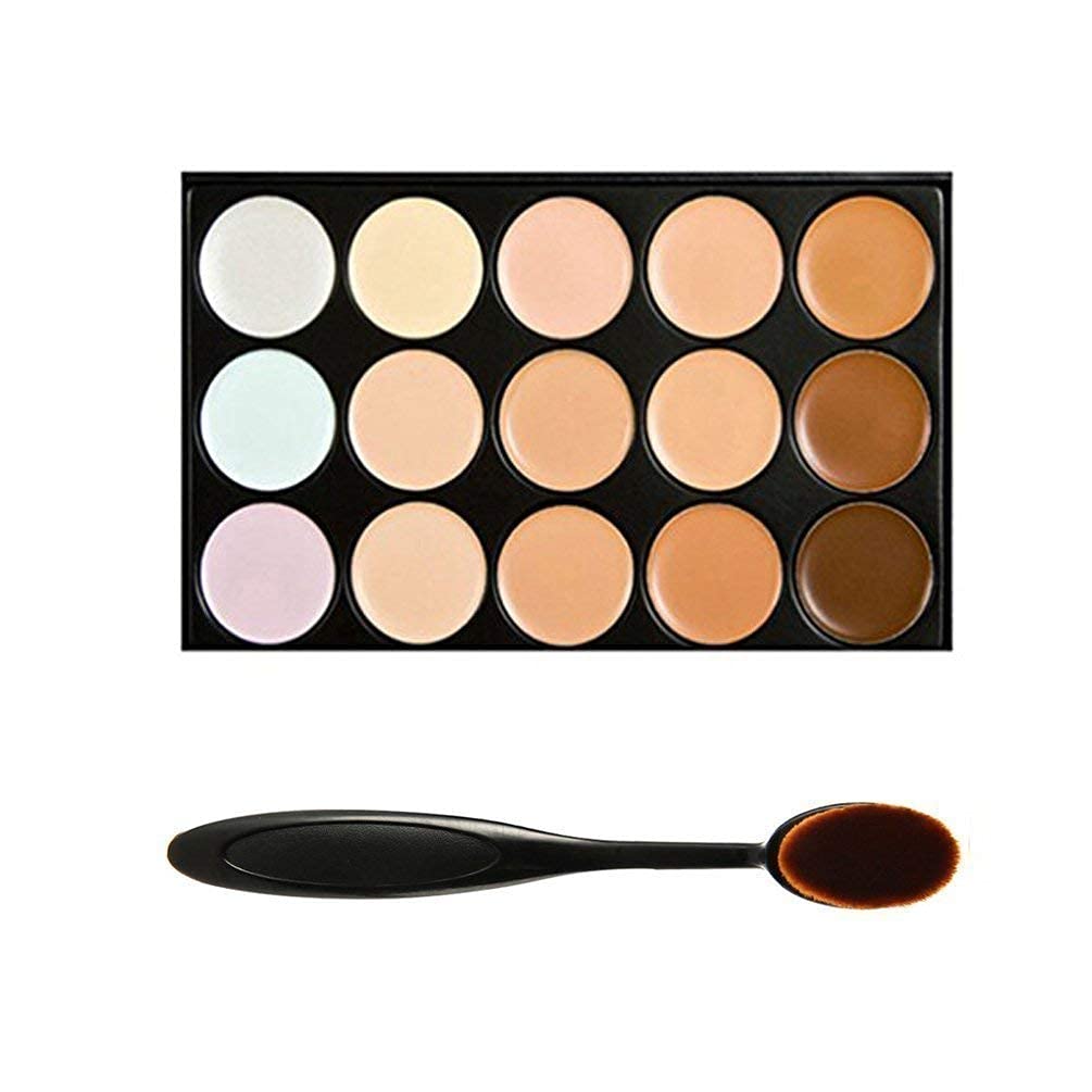 Angelie 15-Color Cream Contour & Concealer Makeup Palette with Oval Brush - Professional Face Sculpting Kit for Highlighting, Contouring & Blending - Perfect for Everyday Makeup, Photo Shoots & Special Occasions