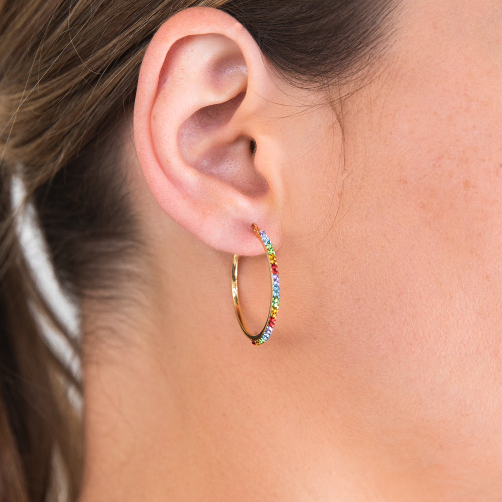 9ct Silver Filled Yellow Gold Rainbow Multi-Color Crystal Hoop Earrings 25mm - Perfect for Parties, Weddings & Everyday Wear