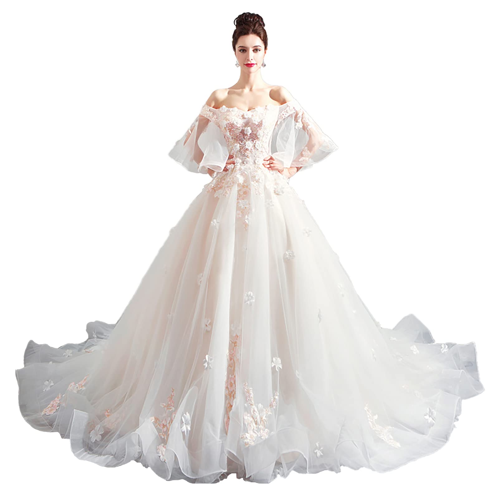 Elegant Off Shoulder Lace Applique Wedding Dress with Long Tulle Ball Gown & Train - M6166 | Perfect for Bridal Ceremonies, Vow Renewals & Formal Evening Events