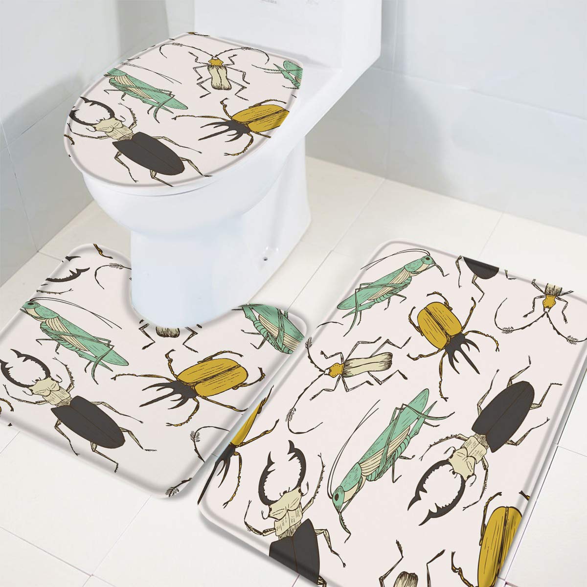 Queenker 3-Piece Bathroom Rug Set - Non-Slip Toilet Seat Cover, Contour Mat & Lid Cover with Insect Print - Soft Absorbent Cotton Bath Mat for Bathroom Floor - Perfect for Home, Apartment, and Guest Bathroom Decor